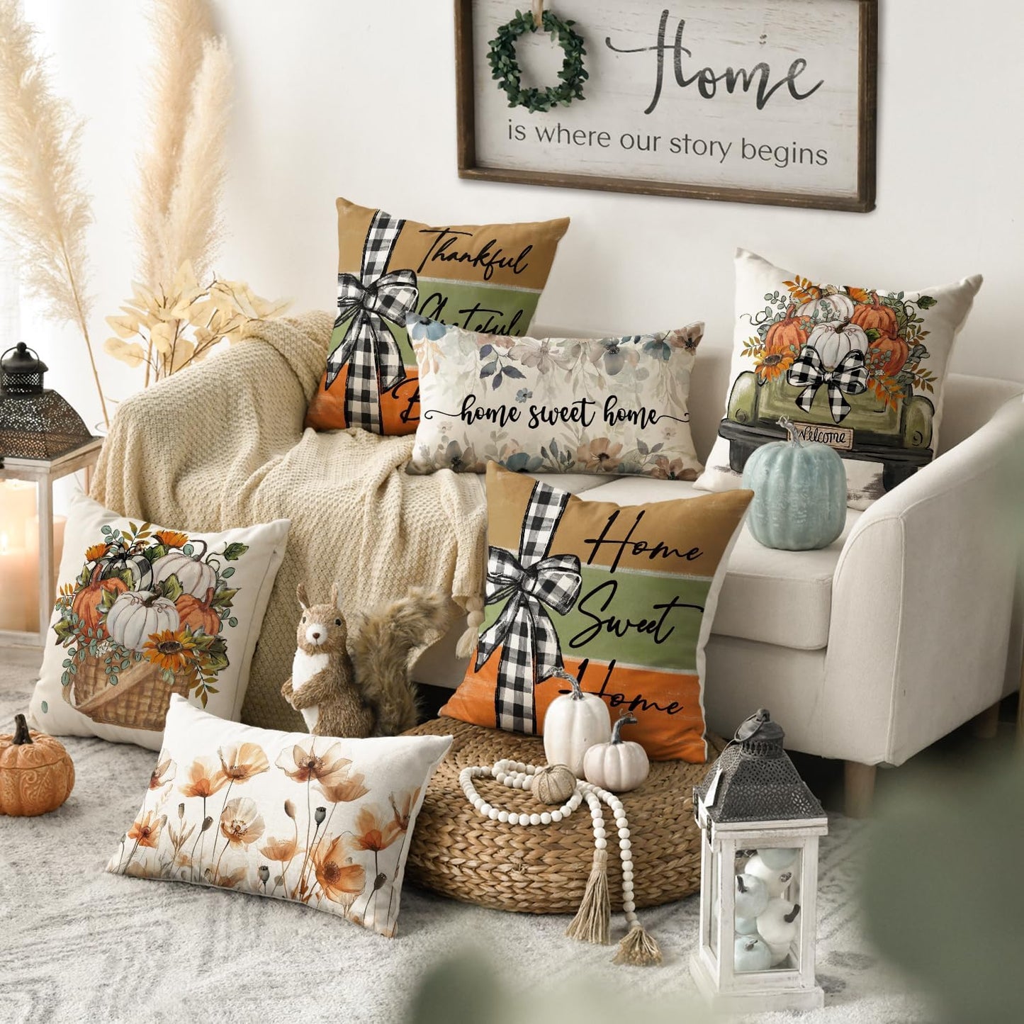 Fall Pumpkin Truck Sunflowers Home Sweet Home Throw Pillow Covers, 18 X 18 Inch Autumn Thankful Grateful Blessed Harvest Floral Decorations for Sofa Couch Set of 4