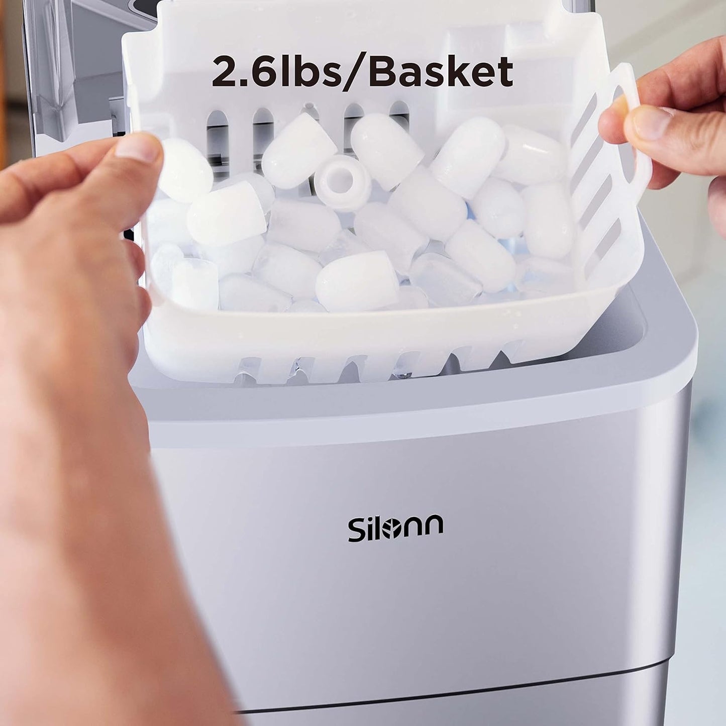 Ice Makers Countertop, 9 Cubes Ready in 6 Mins, 26Lbs in 24Hrs, Self-Cleaning Ice Machine with Ice Scoop and Basket, 2 Sizes of Bullet Ice for Home Kitchen Office Bar Party, Sliver