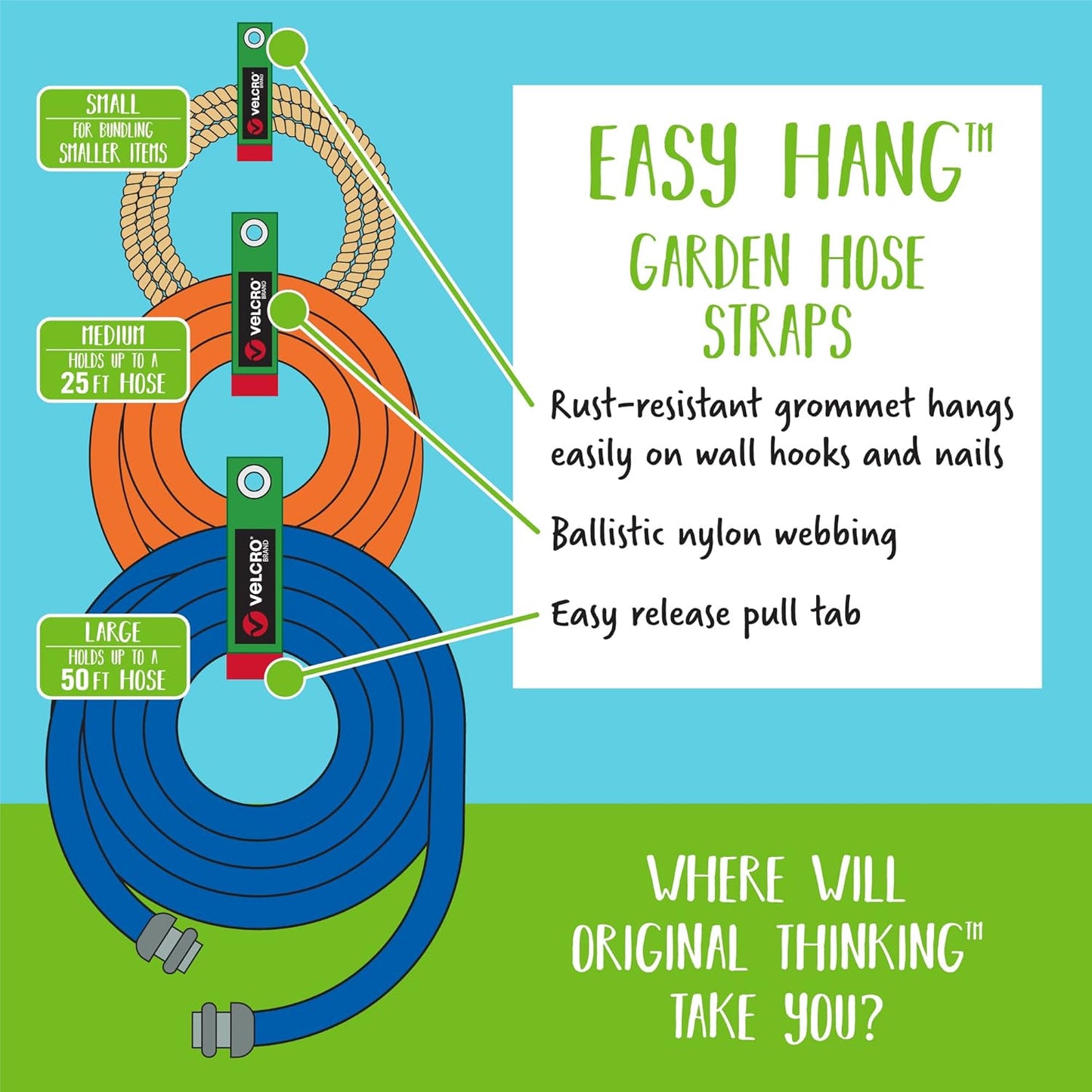 Easy Hang Garden Hose or Extension Cord Holder Organizer Variety Pack. Holds up to 100Lbs. Heavy Duty Straps Perfect for Shed or Garage Organization. 3-Pk 10",14" and 18", Black