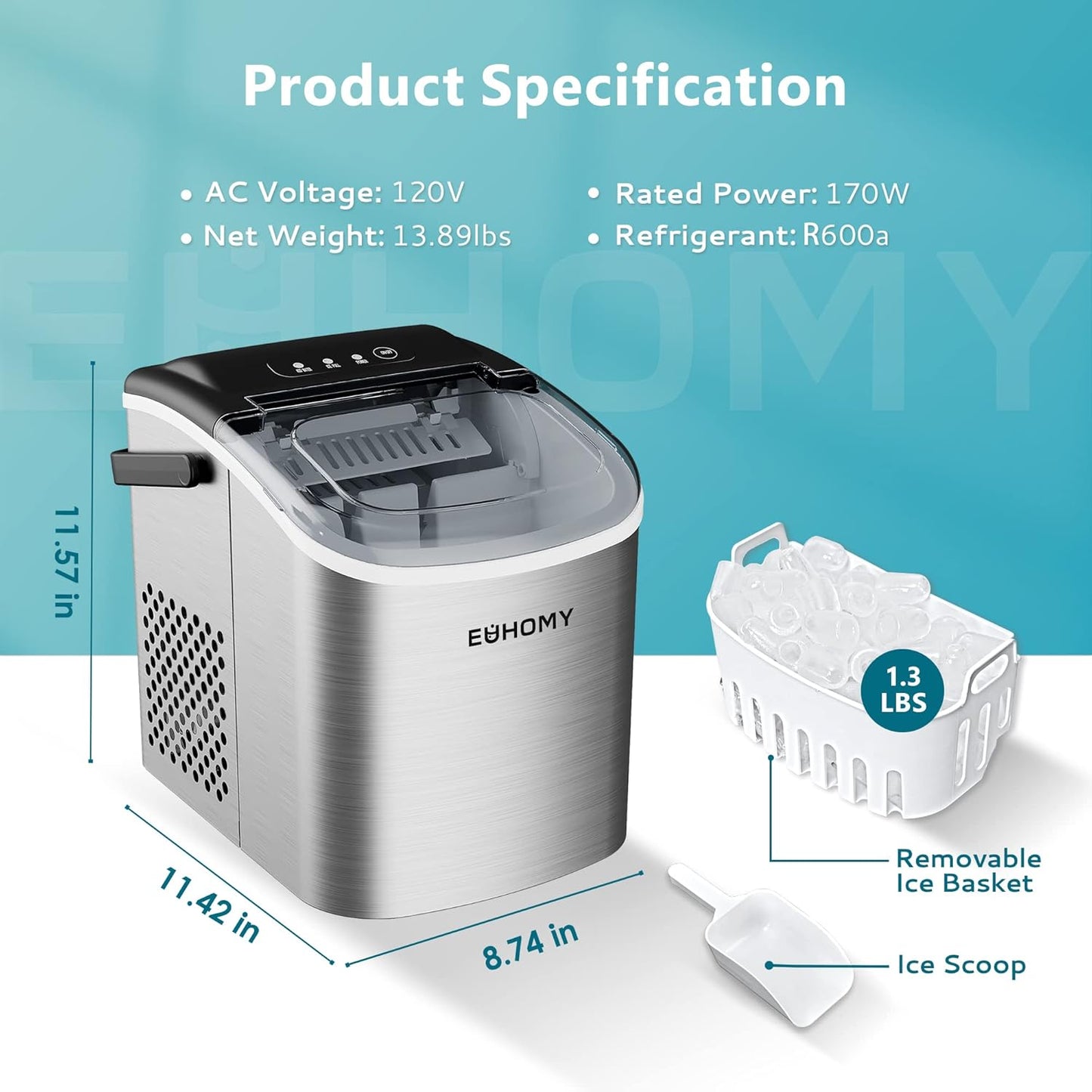 Countertop Ice Maker Machine with Handle, 26Lbs per Day, 9 Ice Cubes Ready in 6 Mins, Auto-Cleaning Portable Ice Maker with Basket and Scoop, for Home/Kitchen/Camping/Rv (Silver)