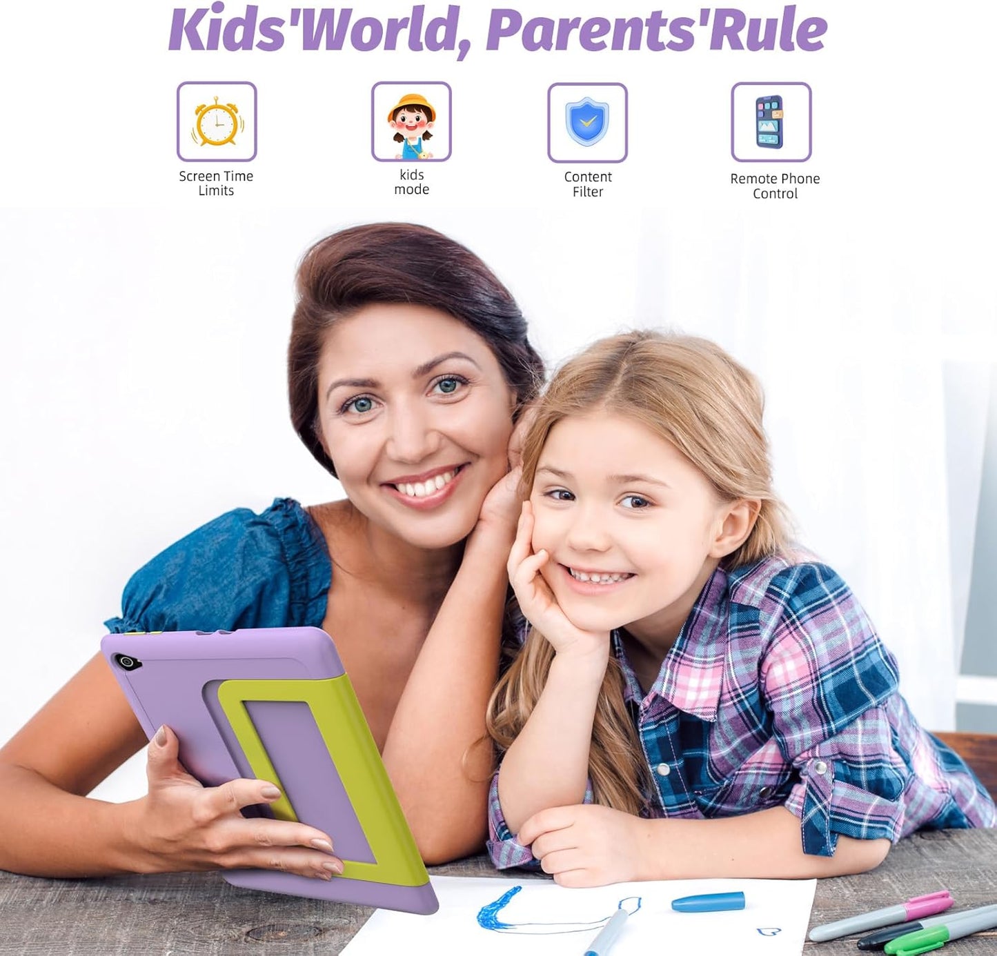 Kids Tablet|Upgraded Android 14 Tablet 10 Inch for Kids with Protective Case|Octa-Core|8+64Gb 1TF Card Expandable|Dual Camera|Parental Control|Pre-Intalled Kidoz|Great Gift for Toddler (Purple)