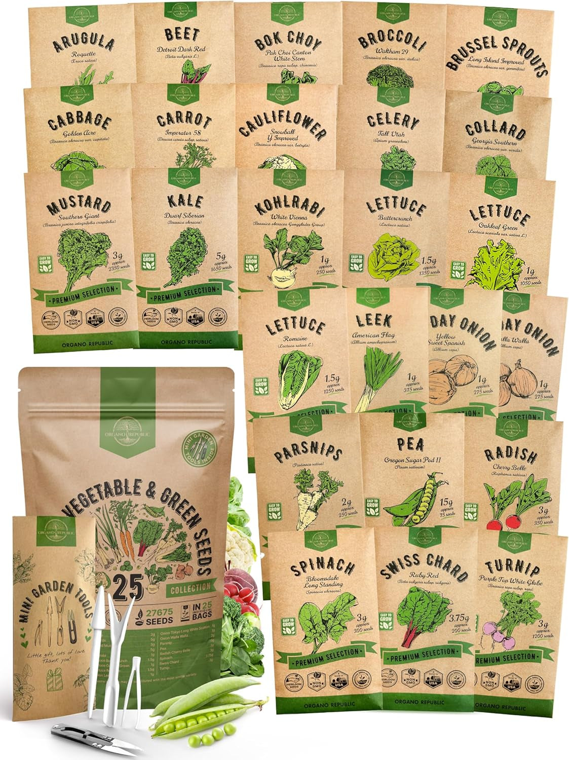 25 Winter Vegetable & Greens Garden Seeds Variety Pack - 27,675+ Non-Gmo Heirloom Seeds for Outdoors & Indoor Home Gardening, Including Broccoli, Beet, Carrot, Collard, Lettuce, Radish, Spinach, Pea