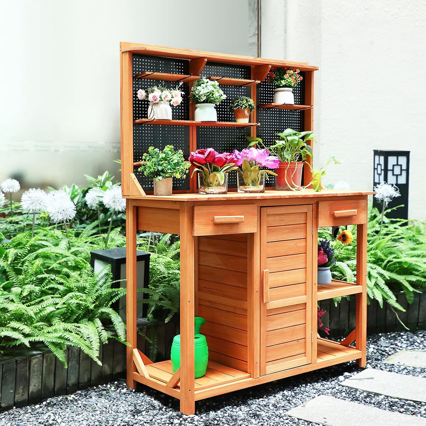 Outdoor Potting Bench Table with Large Space Storage,Drawer Garden Work Bench with Cabinet Adjustable Shelf/Hooks,Wooden Gardening Potting Bench for Backyard,Patio.(45X49X14 ) Inches