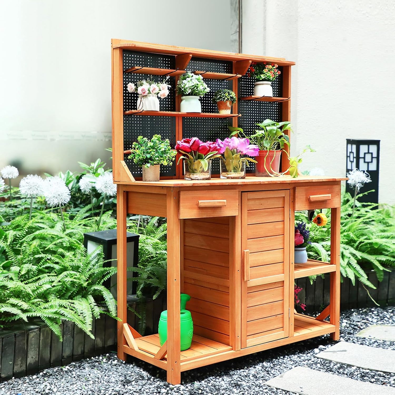 Outdoor Potting Bench Table with Large Space Storage,Drawer Garden Work Bench with Cabinet Adjustable Shelf/Hooks,Wooden Gardening Potting Bench for Backyard,Patio.(45X49X14 ) Inches