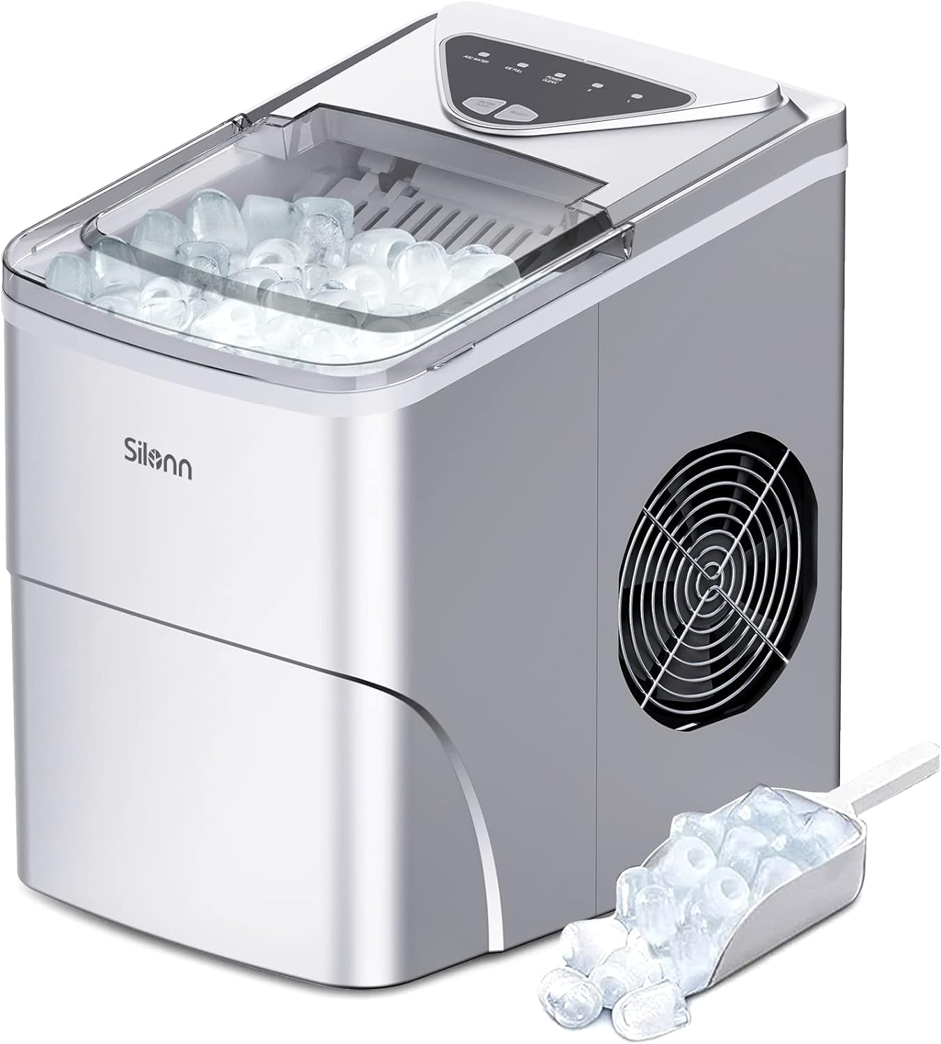 Ice Makers Countertop, 9 Cubes Ready in 6 Mins, 26Lbs in 24Hrs, Self-Cleaning Ice Machine with Ice Scoop and Basket, 2 Sizes of Bullet Ice for Home Kitchen Office Bar Party, Sliver