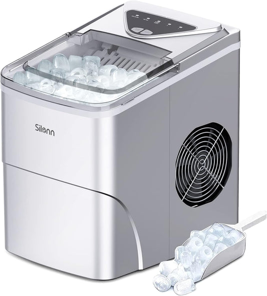 Ice Makers Countertop, 9 Cubes Ready in 6 Mins, 26Lbs in 24Hrs, Self-Cleaning Ice Machine with Ice Scoop and Basket, 2 Sizes of Bullet Ice for Home Kitchen Office Bar Party, Sliver
