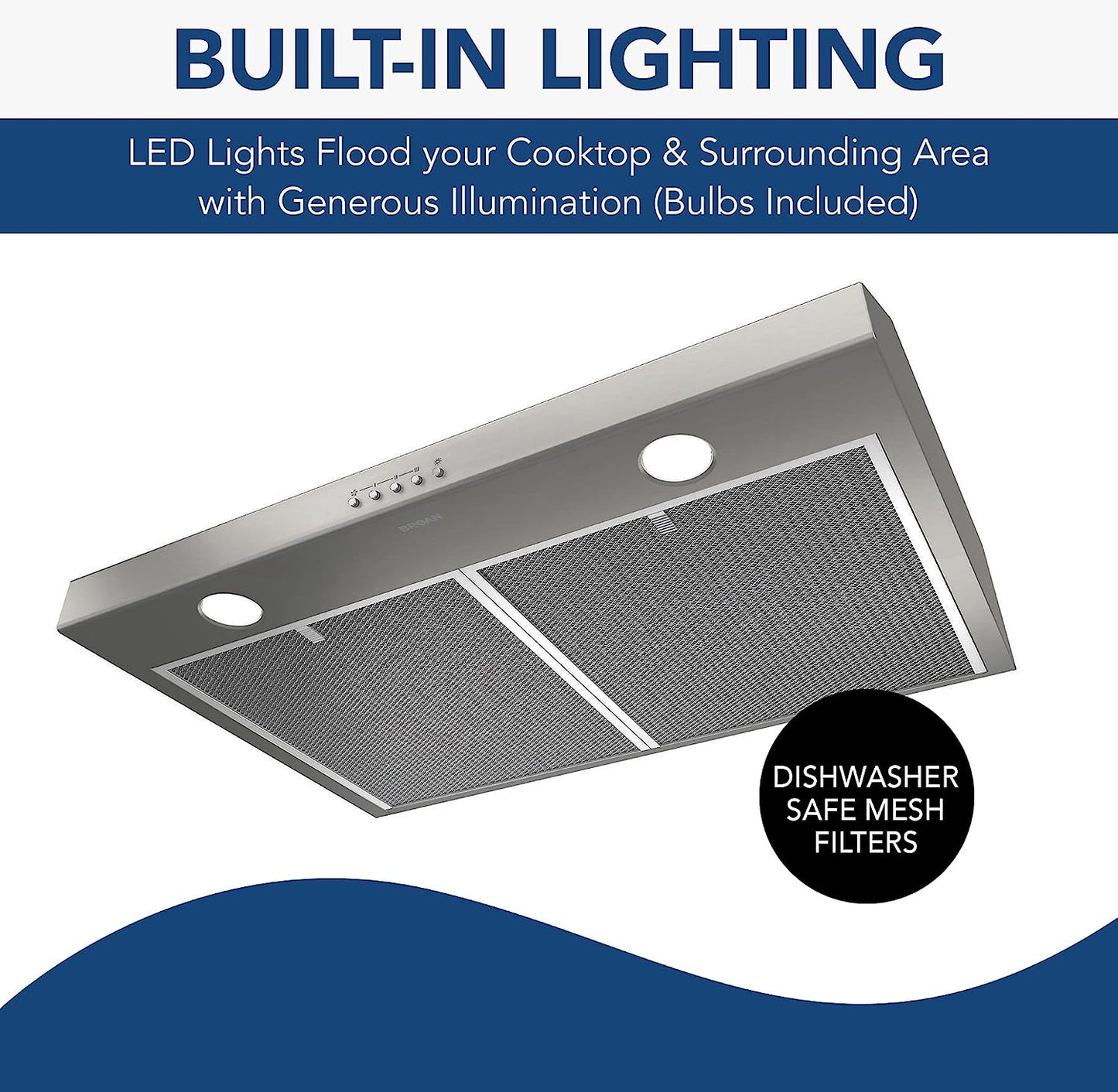 BCSQ130SS Three-Speed Glacier Under-Cabinet Range Hood with LED Lights ADA Capable, 1.5 Sones, 375 Max Blower CFM, 30-Inch, Stainless Steel