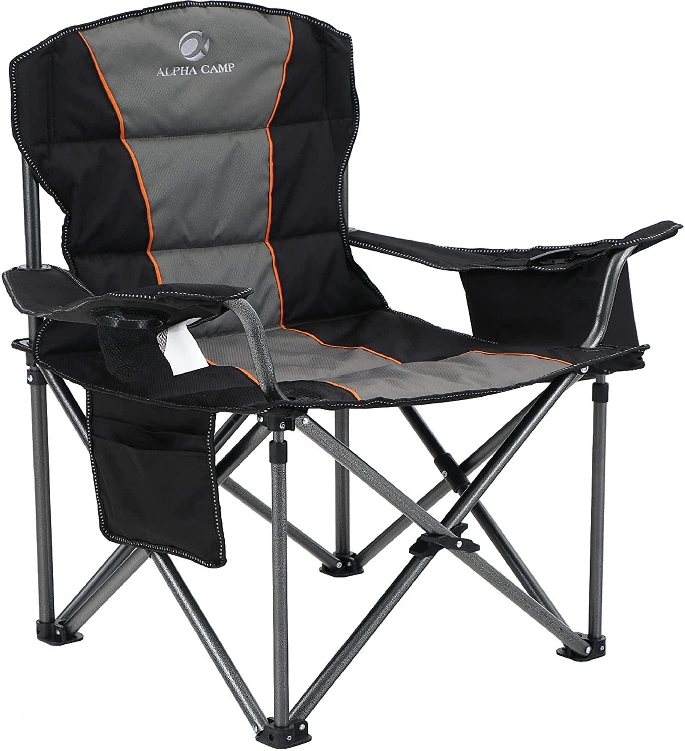 Oversized Camping Folding Chair, Heavy Duty Support 450 LBS Steel Frame Collapsible Padded Arm Chair with Cup Holder Quad Lumbar Back, Portable for Outdoor