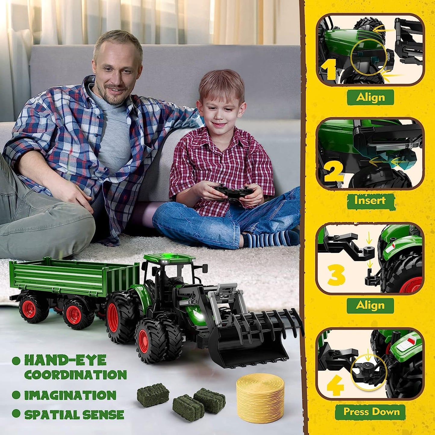 Remote Control Tractor Toy, Kids RC Tractor Set & Truck and Trailer Front Loader - Metal Car Head/8 Wheel/Light, Toddlers Farm Vehicle Toys for 3 4 5 6 7 8 9 Year Old Boys Girls Birthday Gift