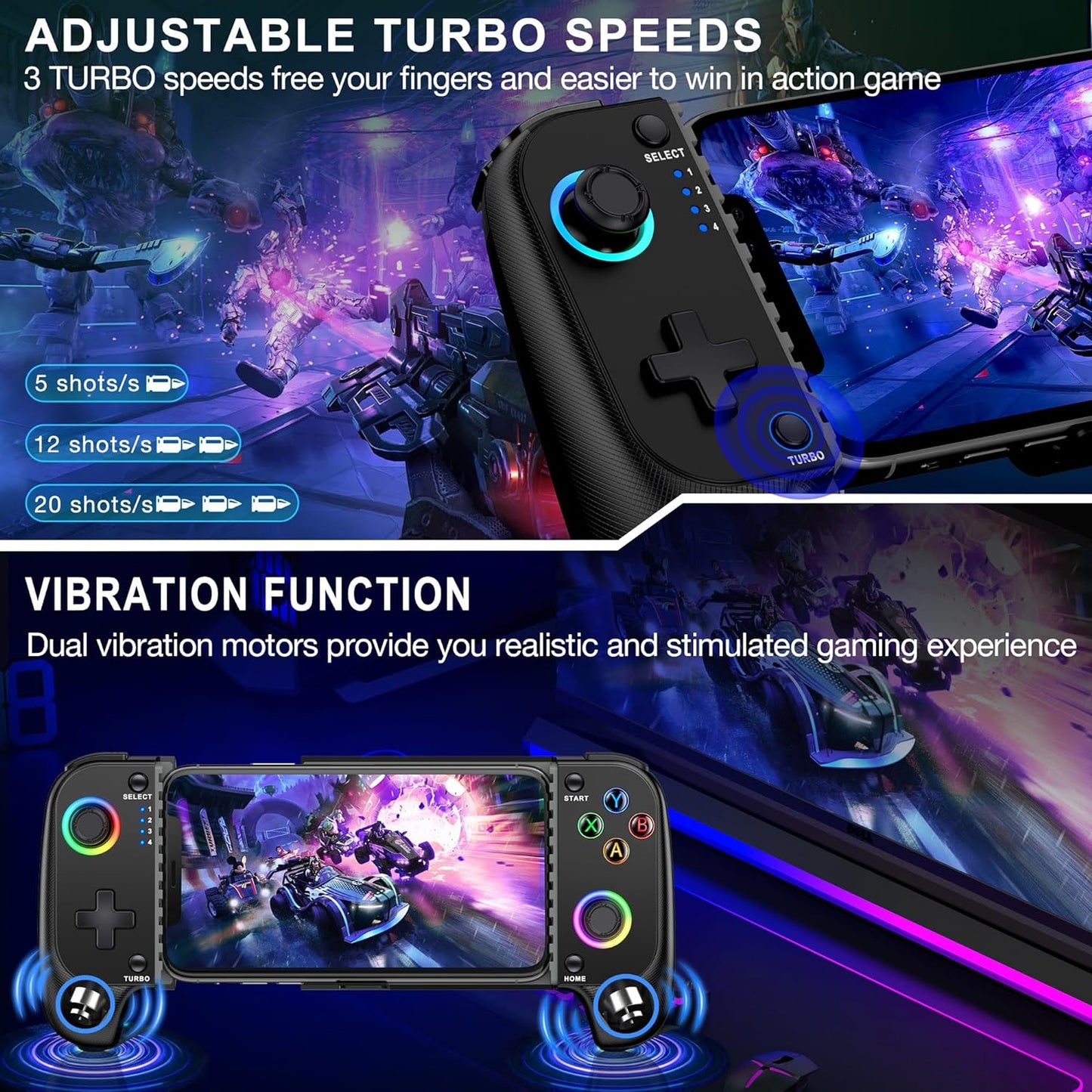 Wireless Phone Controller for Iphone/Android with Hall Joystick, RGB Controller for Iphone Support Xbox Game Pass, Playstation, Steam Link, Call of Duty, Minecraft, Roblox, Cloud Android Controller