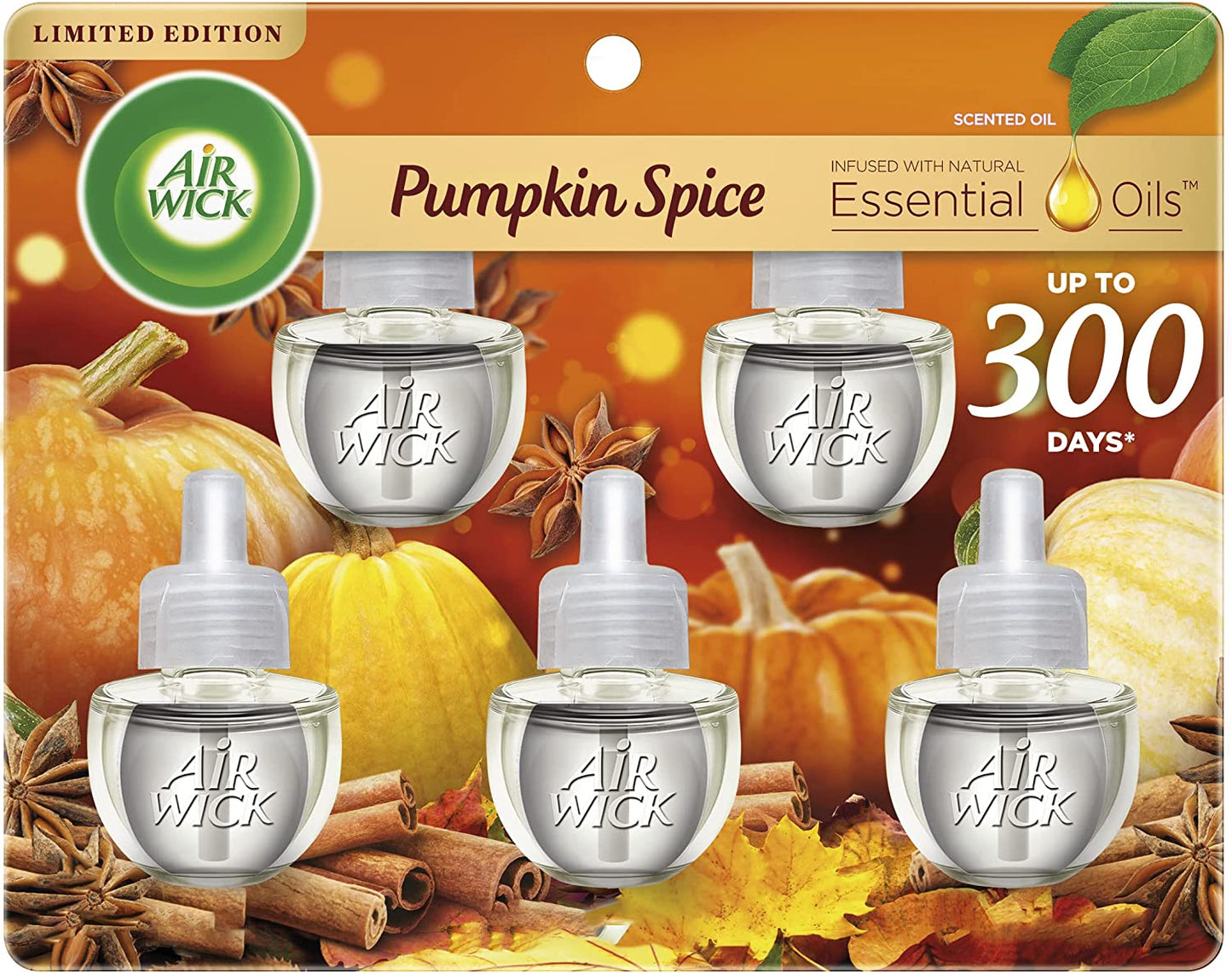Plug in Scented Oil Refill, 5 Ct, Pumpkin Spice, Air Freshener, Essential Oils, Fall Scent, Fall Decor