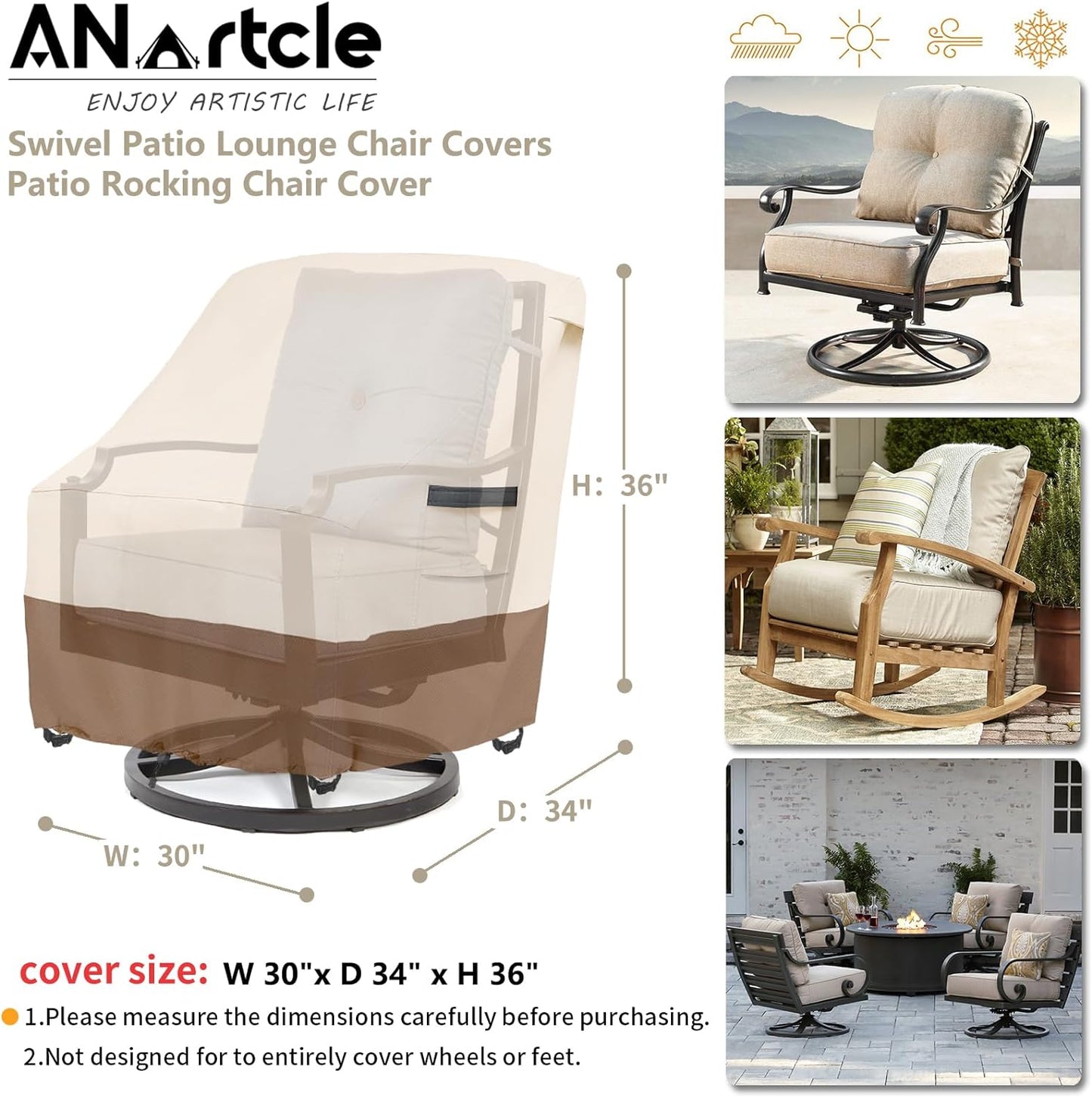 Outdoor Swivel Lounge Chair Cover 2 Pack,600D Waterproof Heavy Duty Outdoor Chair Covers(30 W X 34 D X 38.5 H Inches),Patio Swivel Chair Covers for Outdoor Furniture,Beige&Brown.