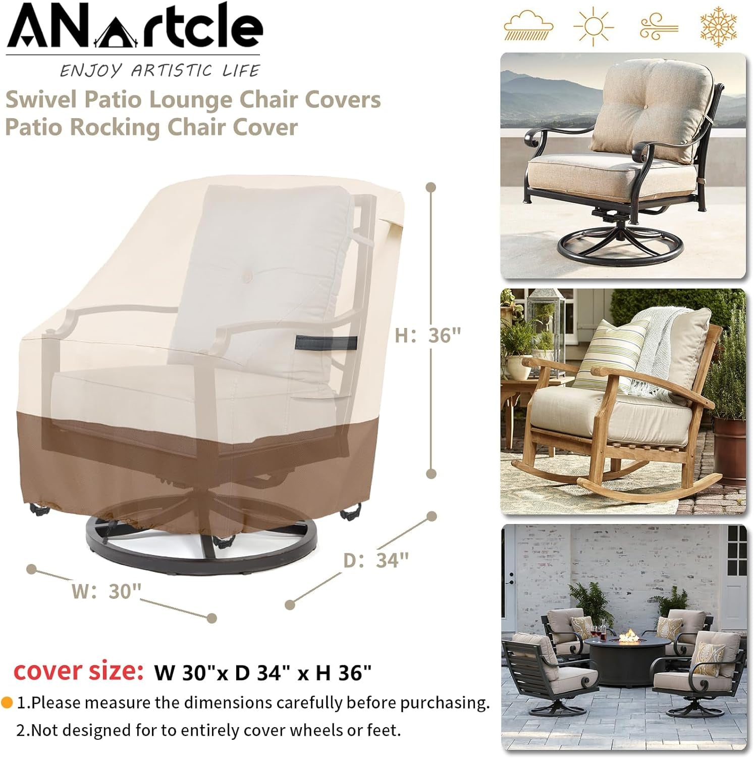 Outdoor Swivel Lounge Chair Cover 2 Pack,600D Waterproof Heavy Duty Outdoor Chair Covers(30 W X 34 D X 38.5 H Inches),Patio Swivel Chair Covers for Outdoor Furniture,Beige&Brown.