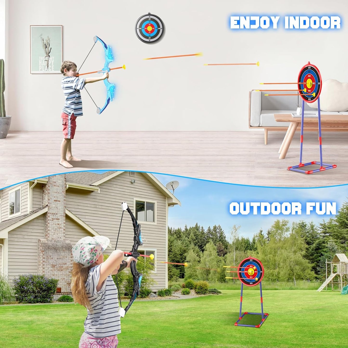 2 Pack Kids Bow and Arrow, 20 Suction Cup Arrows, 2 Archery Targets&Quiver, Light-Up Set for Kids Ages 4-8 8-12, Indoor Outdoor Toys for Boys Girls