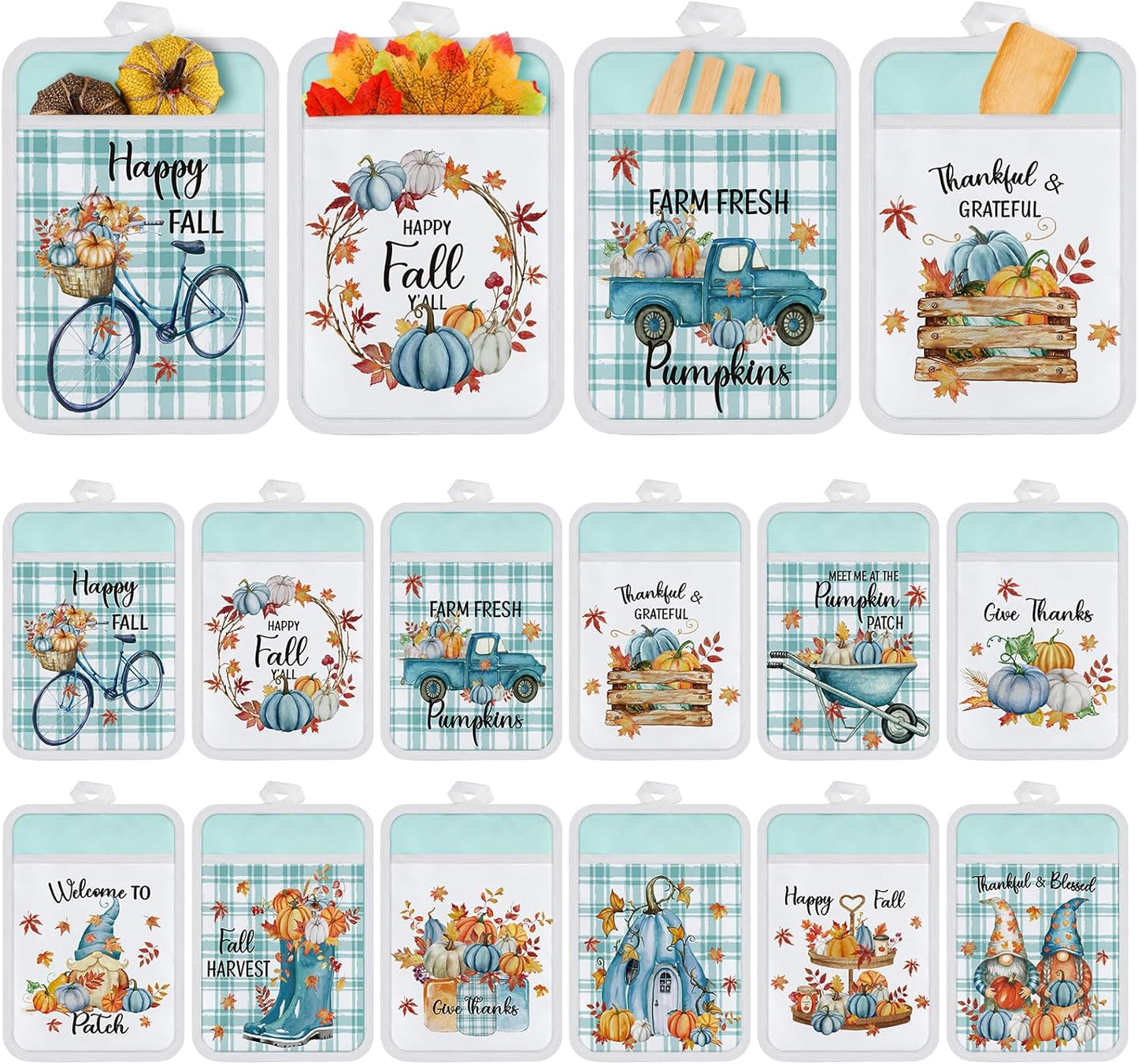 12 Pcs Thanksgiving Pot Holders with Pocket Blue Pumpkin Pot Holders for Kitchen Autumn Hot Pads Oven Mitts Cookie Bag Cute Heat Resistant Farmhouse Oven Gloves for Fall Gift Baking Cooking