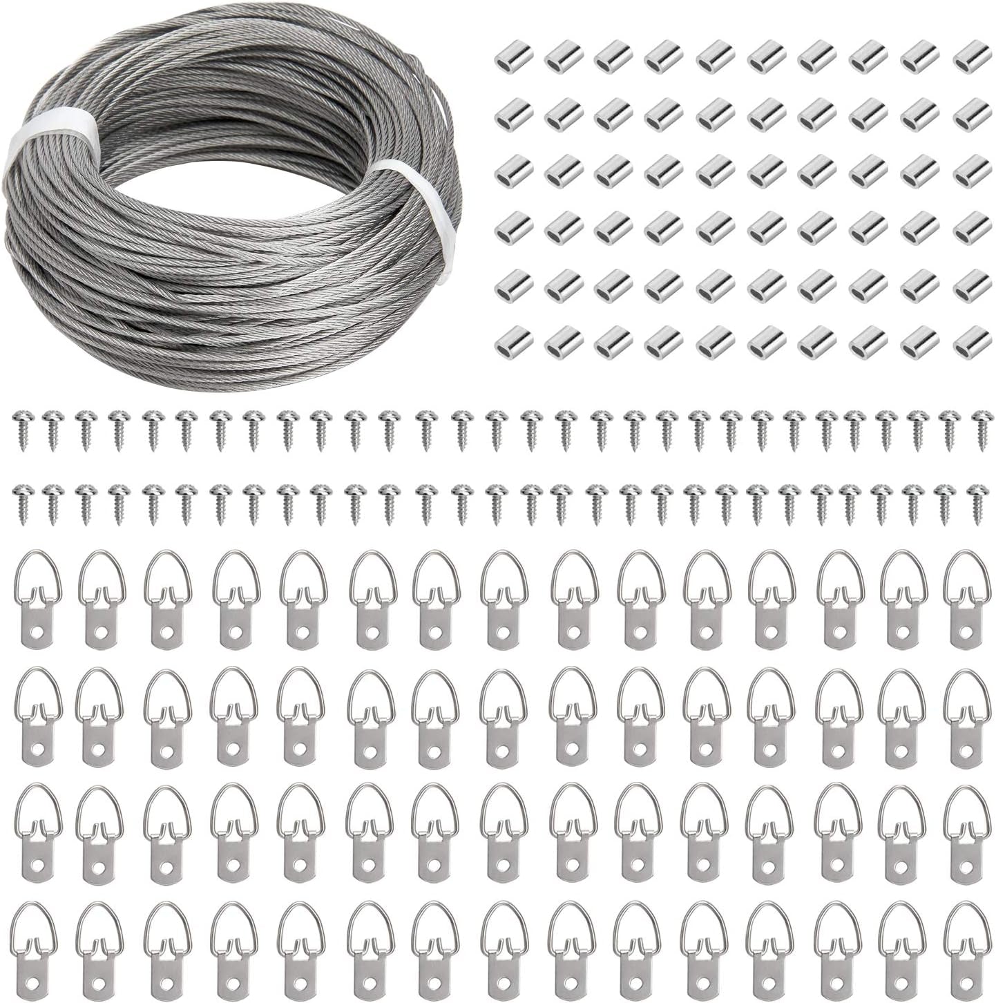 Picture Hanging Kit - 100 Feet Stainless Steel Hanging Wire, 60 Pcs D Ring Picture Hangers with Screws and 60 Pcs Aluminum Crimping Loop Sleeve for Hanging Paintings Photos