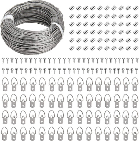 Picture Hanging Kit - 100 Feet Stainless Steel Hanging Wire, 60 Pcs D Ring Picture Hangers with Screws and 60 Pcs Aluminum Crimping Loop Sleeve for Hanging Paintings Photos