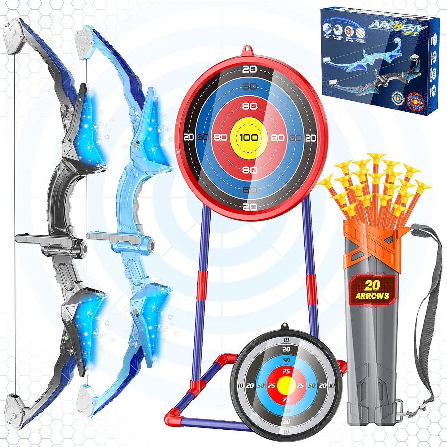 2 Pack Kids Bow and Arrow, 20 Suction Cup Arrows, 2 Archery Targets&Quiver, Light-Up Set for Kids Ages 4-8 8-12, Indoor Outdoor Toys for Boys Girls