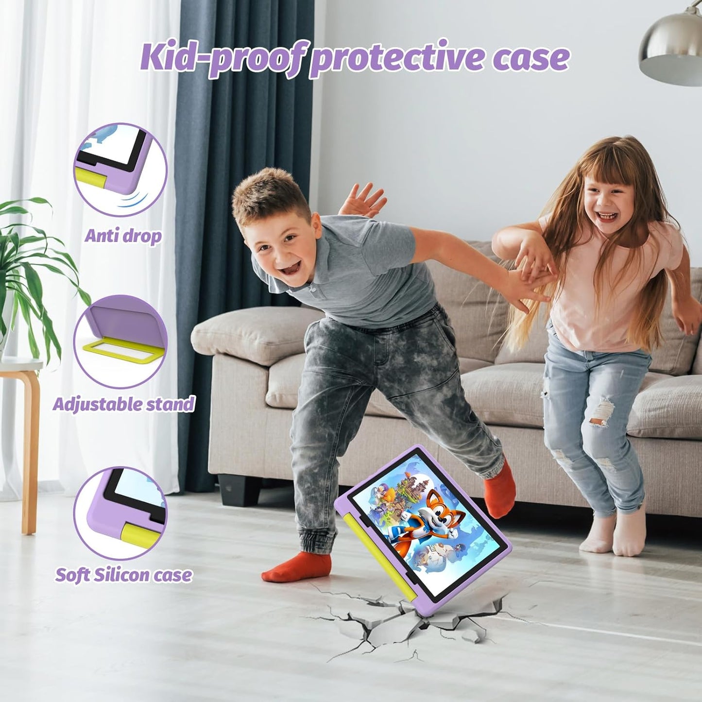 Kids Tablet|Upgraded Android 14 Tablet 10 Inch for Kids with Protective Case|Octa-Core|8+64Gb 1TF Card Expandable|Dual Camera|Parental Control|Pre-Intalled Kidoz|Great Gift for Toddler (Purple)