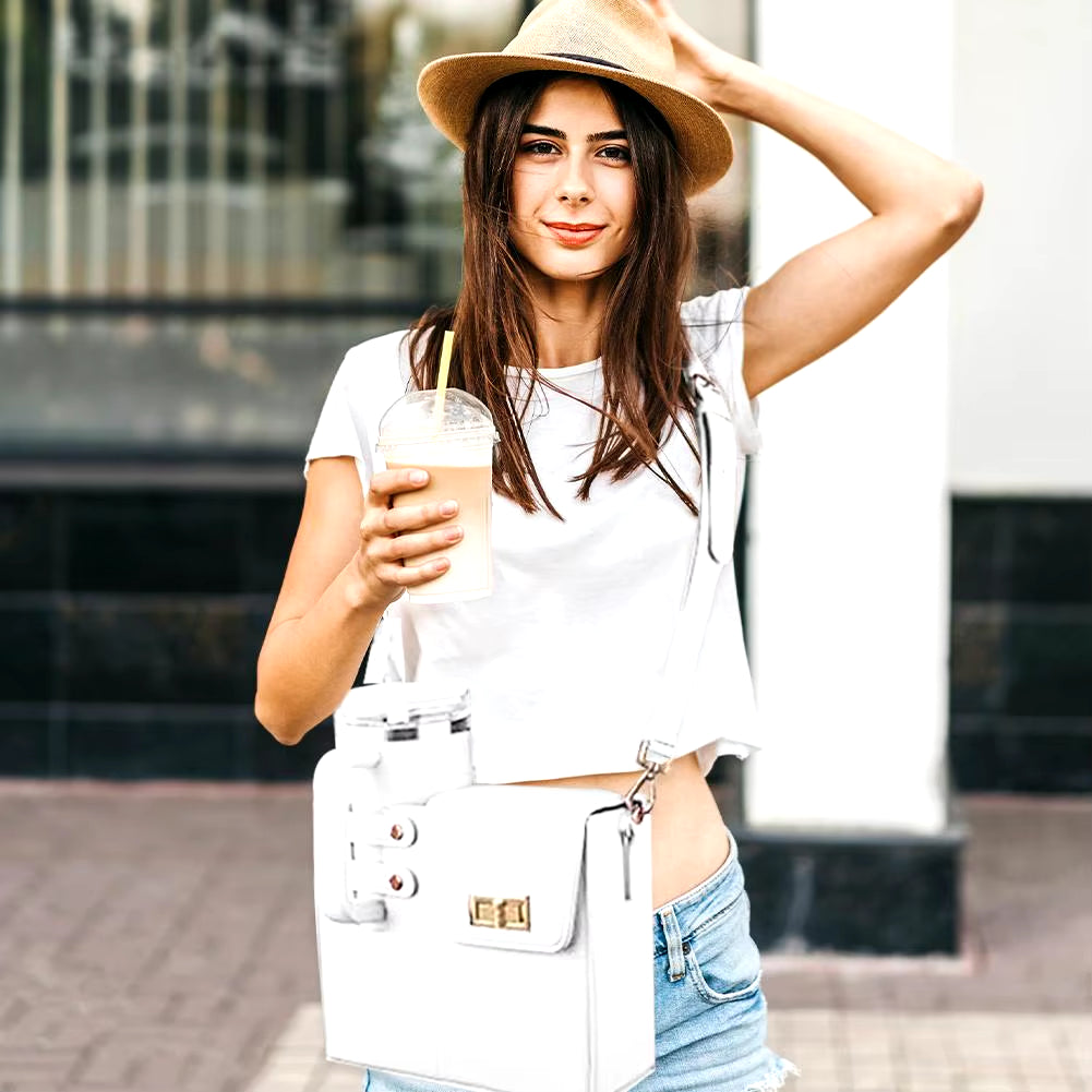 Portable Outdoor Crossbody Water Bottle Carrier with Adjustable Strap and PU Leather Storage Pocket