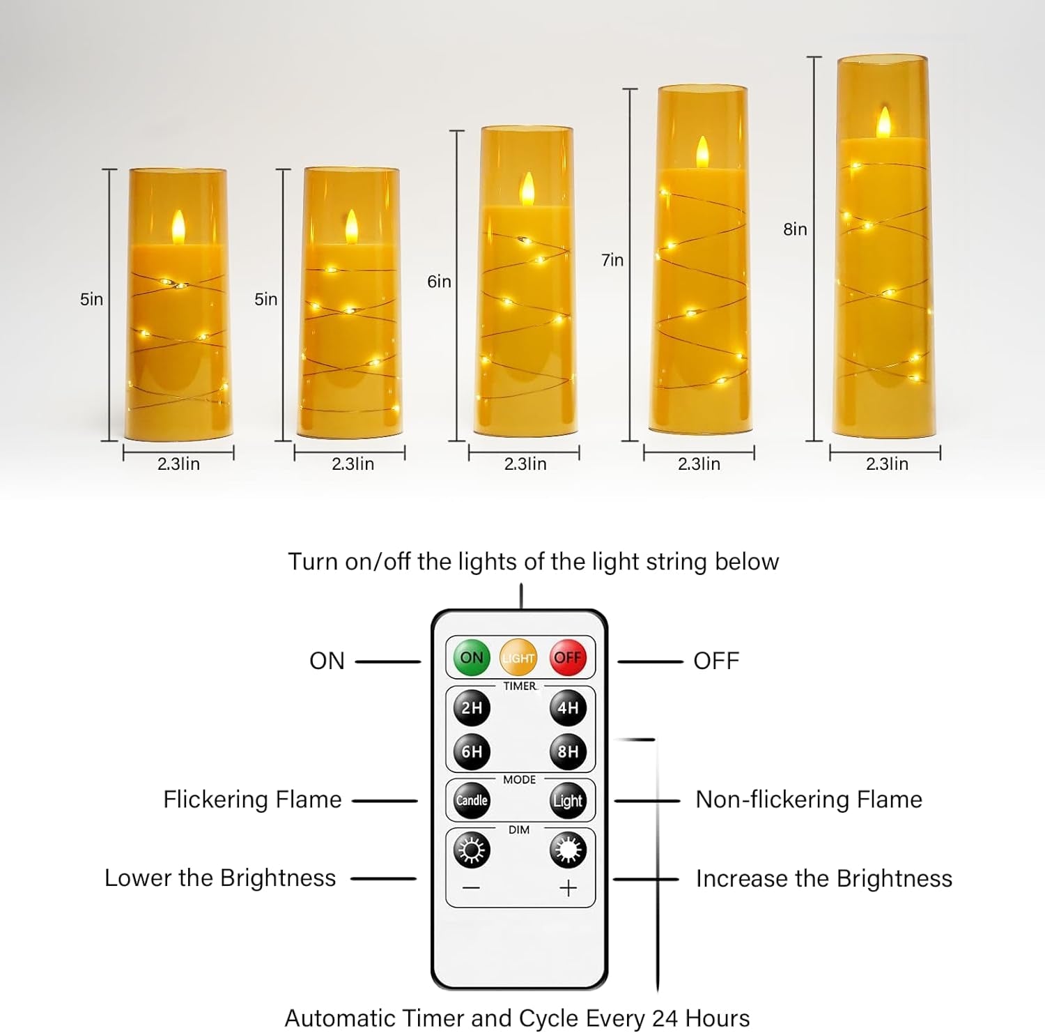 Flameless LED Candles with Timer 5 Pc Flickering Flameless Candles for Romantic Ambiance and Home Decoration Stable Acrylic Shell,With Embedded Star String,Battery Operated Candles(Gold)