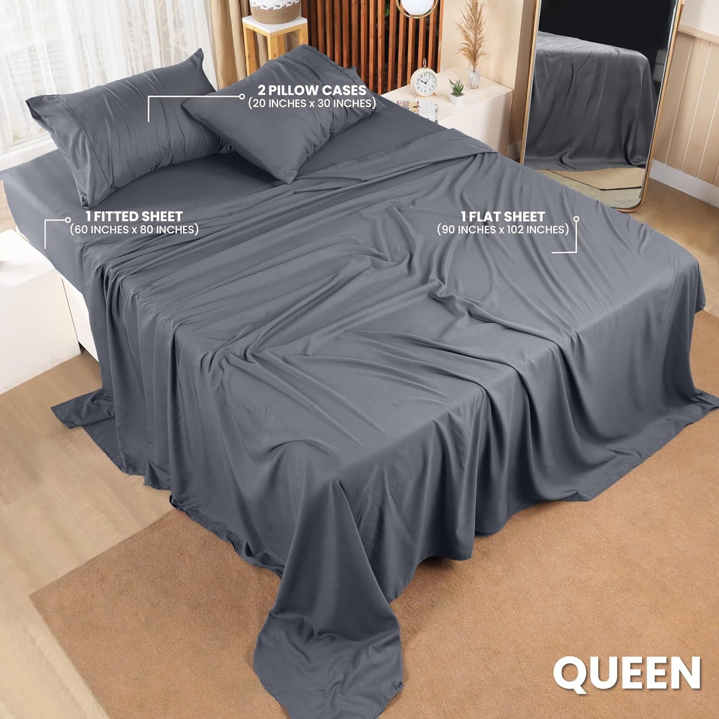Queen Bed Sheets Set - 4 Piece Bedding - Brushed Microfiber - Shrinkage and Fade Resistant - Easy Care (Queen, Grey)