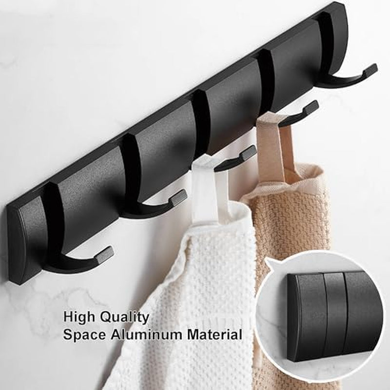 Black Coat Rack Wall Mount with 5 Hooks, 15.8 Inch Waterproof Heavy Duty Coat Wall Hooks, Space Aluminum Material, Folding Hideaway Towel Hanger for Entryway, Wall, Door, Bathroom