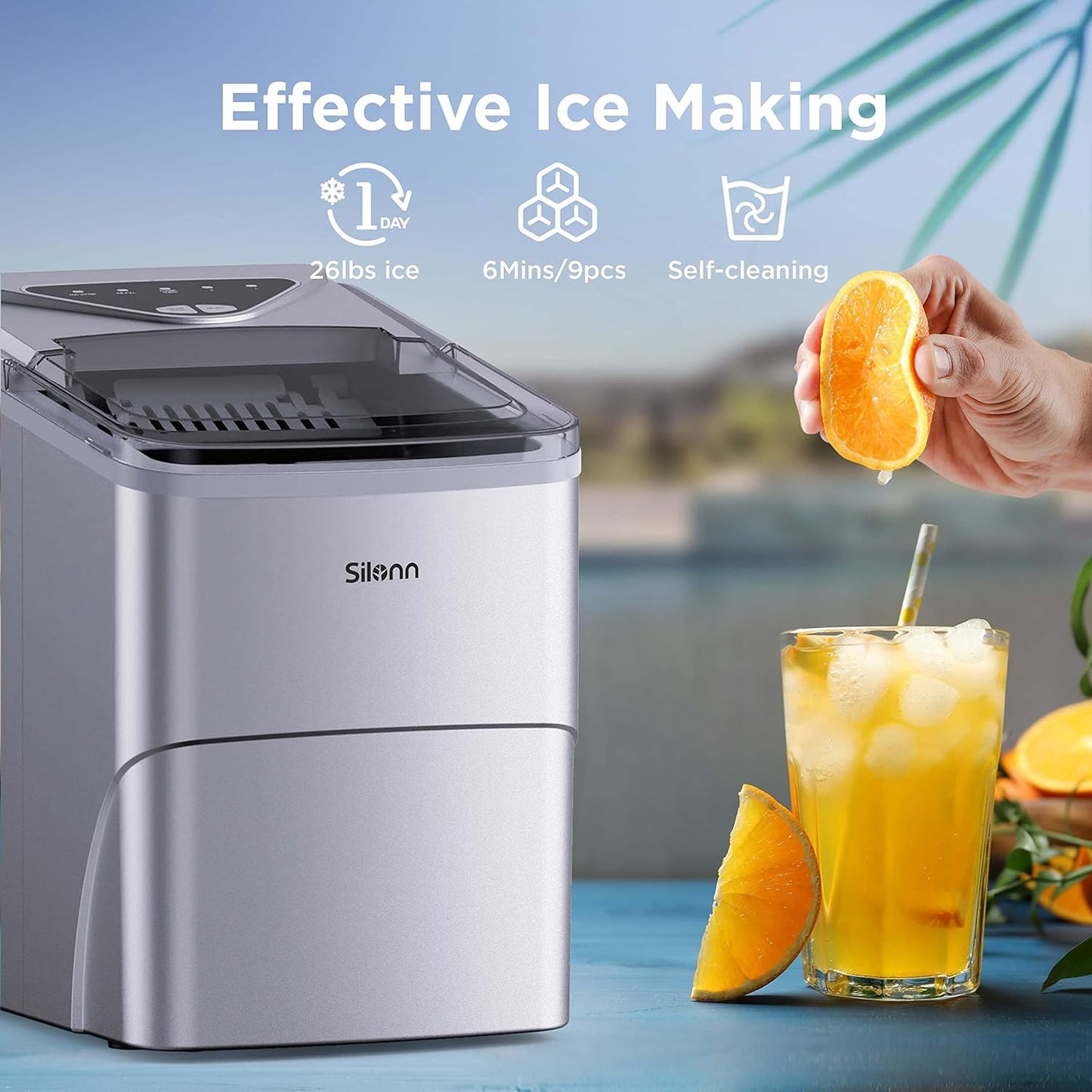 Ice Makers Countertop, 9 Cubes Ready in 6 Mins, 26Lbs in 24Hrs, Self-Cleaning Ice Machine with Ice Scoop and Basket, 2 Sizes of Bullet Ice for Home Kitchen Office Bar Party, Sliver