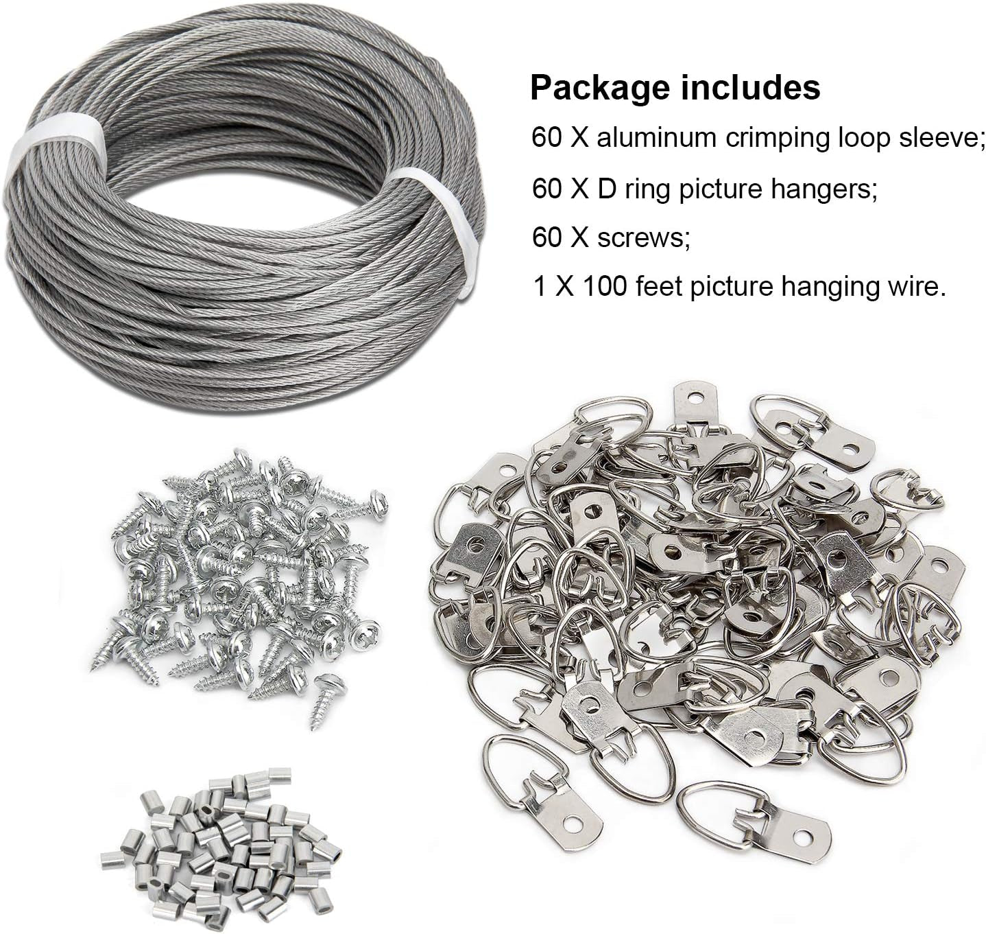Picture Hanging Kit - 100 Feet Stainless Steel Hanging Wire, 60 Pcs D Ring Picture Hangers with Screws and 60 Pcs Aluminum Crimping Loop Sleeve for Hanging Paintings Photos