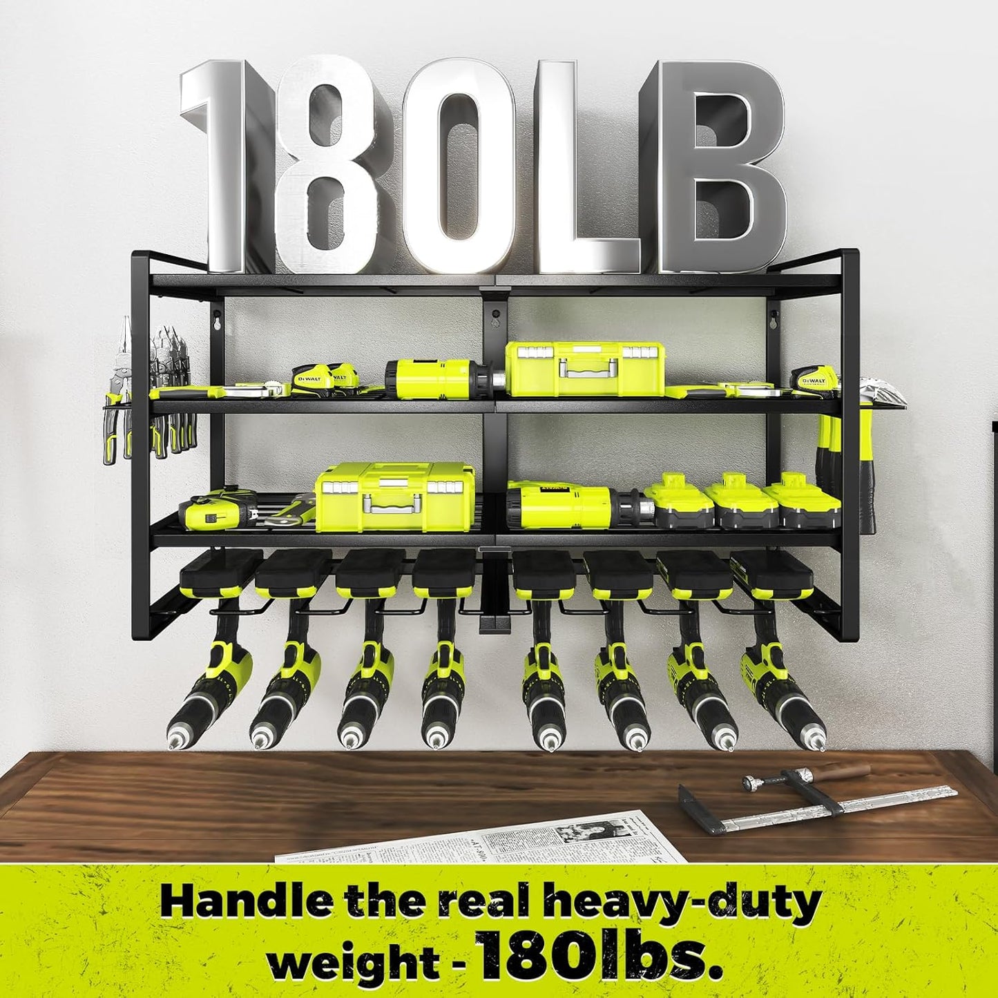 Power Tool Organizer-8 Drill Holder Wall Mount,4 Layer Heavy Duty Metal Power Tool Storage Rack,Garage Tool Organizer and Storage with Screwdriver Holder/Plier Holder/Hammer Holder