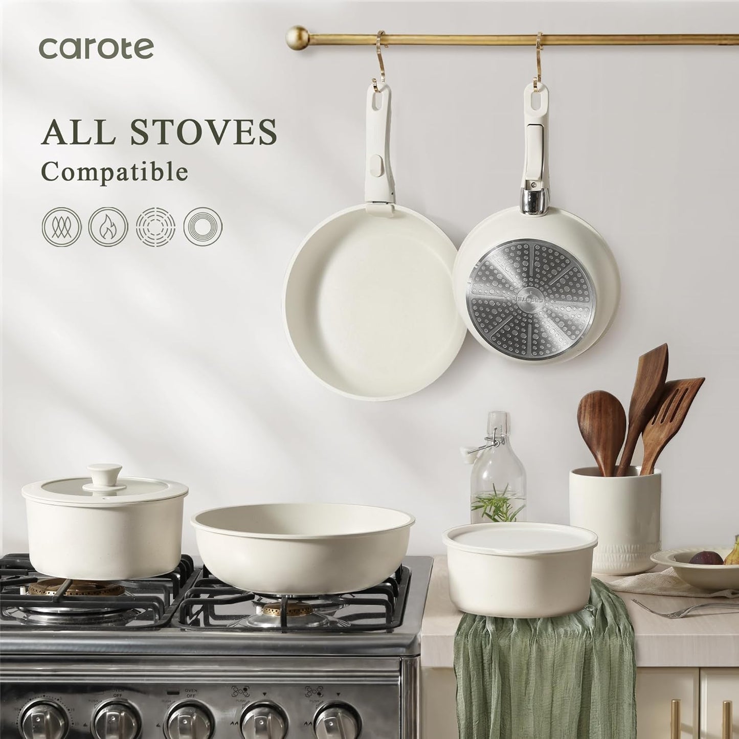Pots and Pans Set Non Stick, Cookware Sets, 11Pcs Kitchen Set, Oven/Fridge Safe, Space Saving Pots Set, Nonstick Set with Versatile Removable/Detachable Handle, Induction RV Set, Cream White