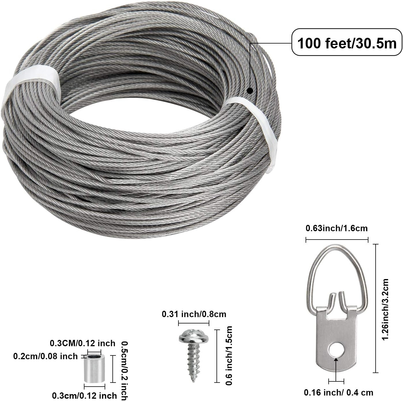 Picture Hanging Kit - 100 Feet Stainless Steel Hanging Wire, 60 Pcs D Ring Picture Hangers with Screws and 60 Pcs Aluminum Crimping Loop Sleeve for Hanging Paintings Photos