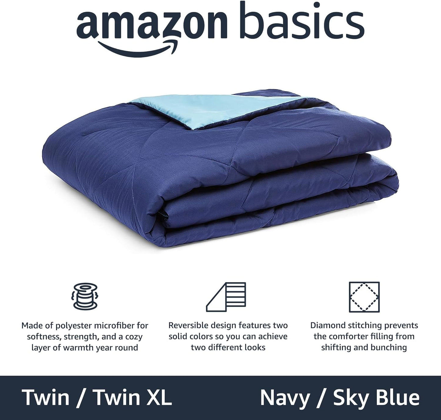 Reversible Lightweight Microfiber Comforter Blanket, Twin/Twin XL, Navy/Sky Blue
