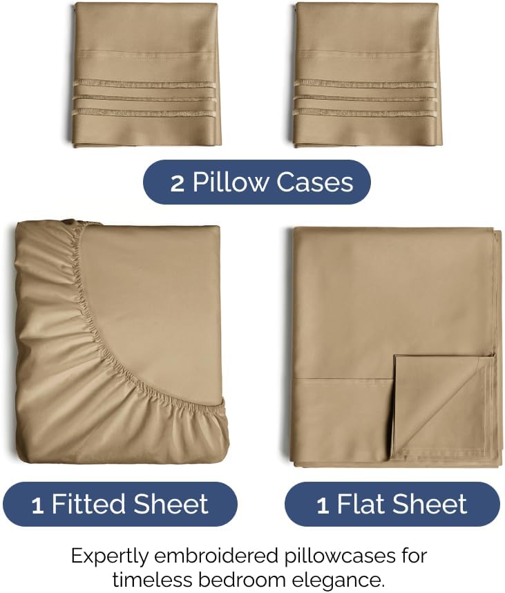 Queen Size 4 Piece Sheet Set - Comfy Breathable & Cooling Sheets - Hotel Luxury Bed Sheets for Women & Men - Deep Pockets, Easy-Fit, Extra Soft & Wrinkle Free Sheets - Beige Oeko-Tex Bed Sheet Set