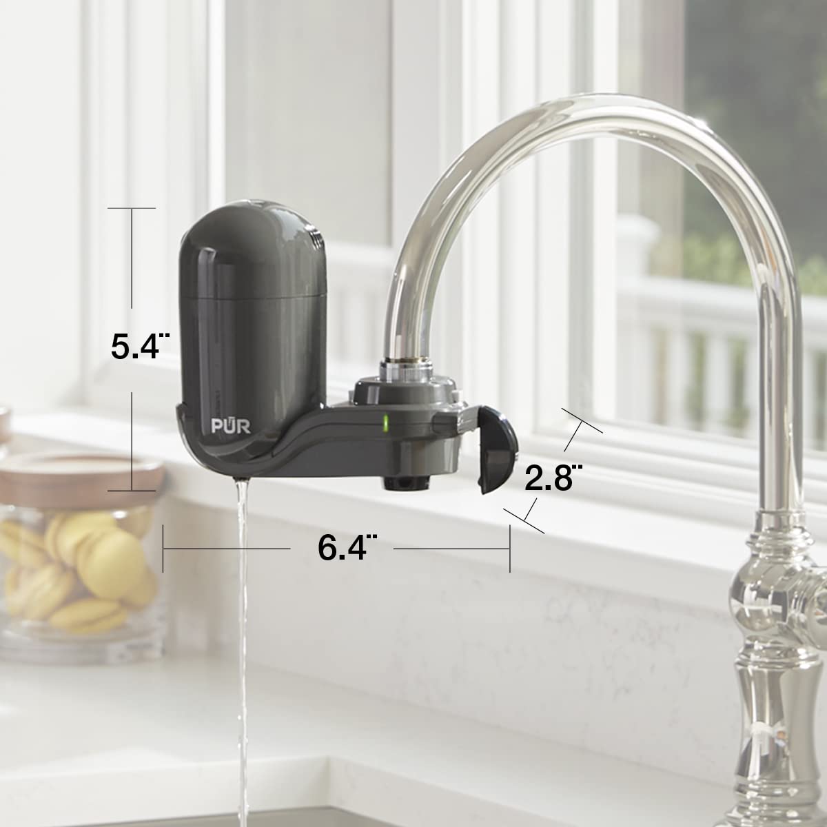 Plus Vertical Faucet-Mounted Water Filtration System with 3-in-1 Lead-Reducing Filter for Enhanced Tap Water Quality, Lasts Up to 100 Gallons, Compatible with Most Kitchen and Bathroom Faucets, Grey