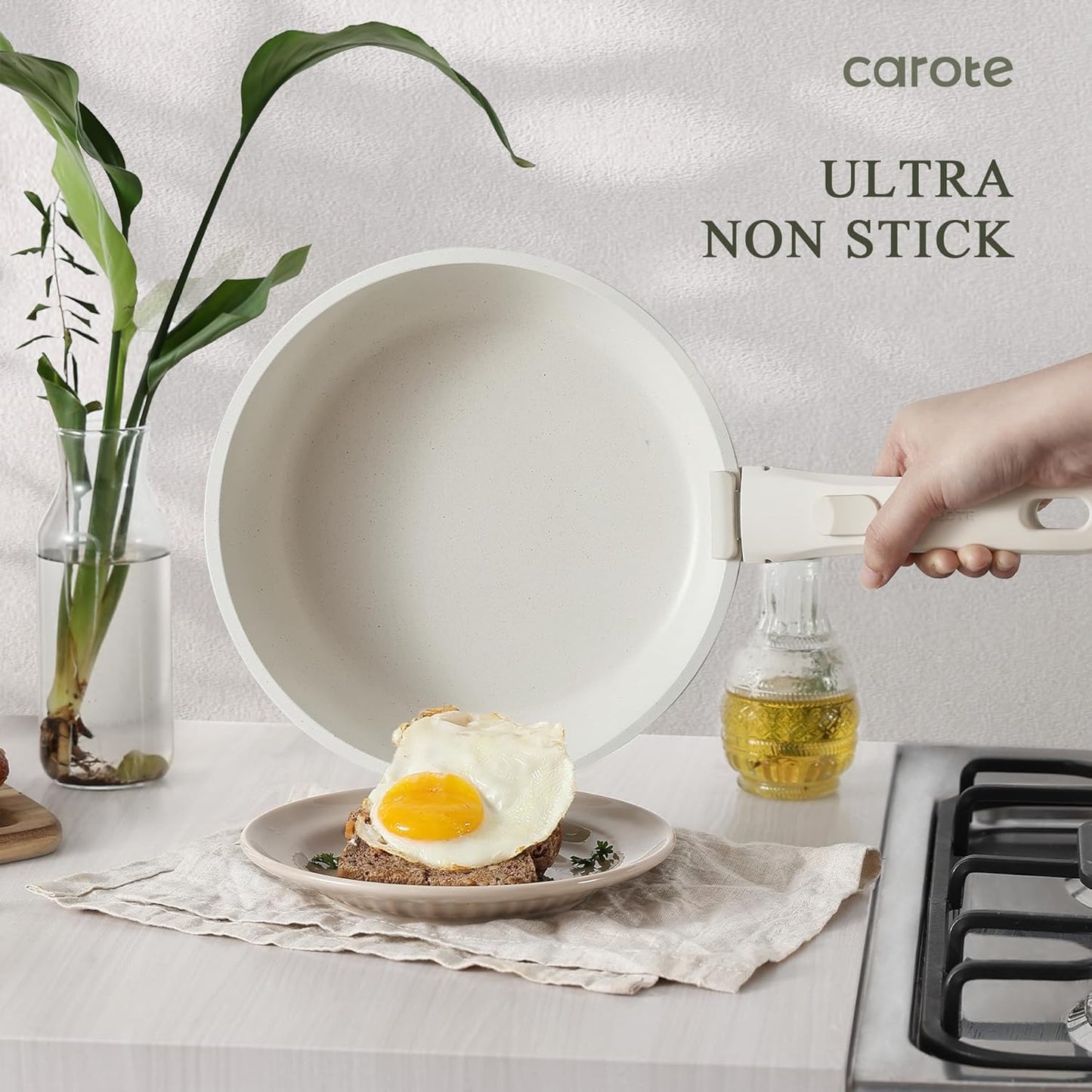 Pots and Pans Set Non Stick, Cookware Sets, 11Pcs Kitchen Set, Oven/Fridge Safe, Space Saving Pots Set, Nonstick Set with Versatile Removable/Detachable Handle, Induction RV Set, Cream White