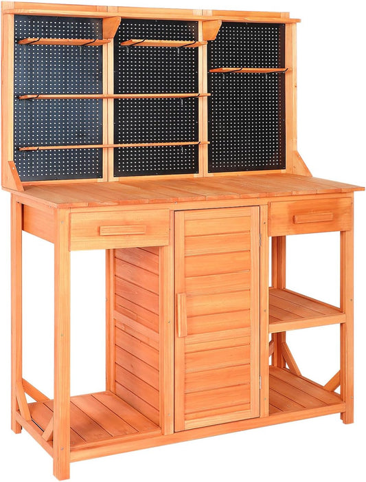 Outdoor Potting Bench Table with Large Space Storage,Drawer Garden Work Bench with Cabinet Adjustable Shelf/Hooks,Wooden Gardening Potting Bench for Backyard,Patio.(45X49X14 ) Inches