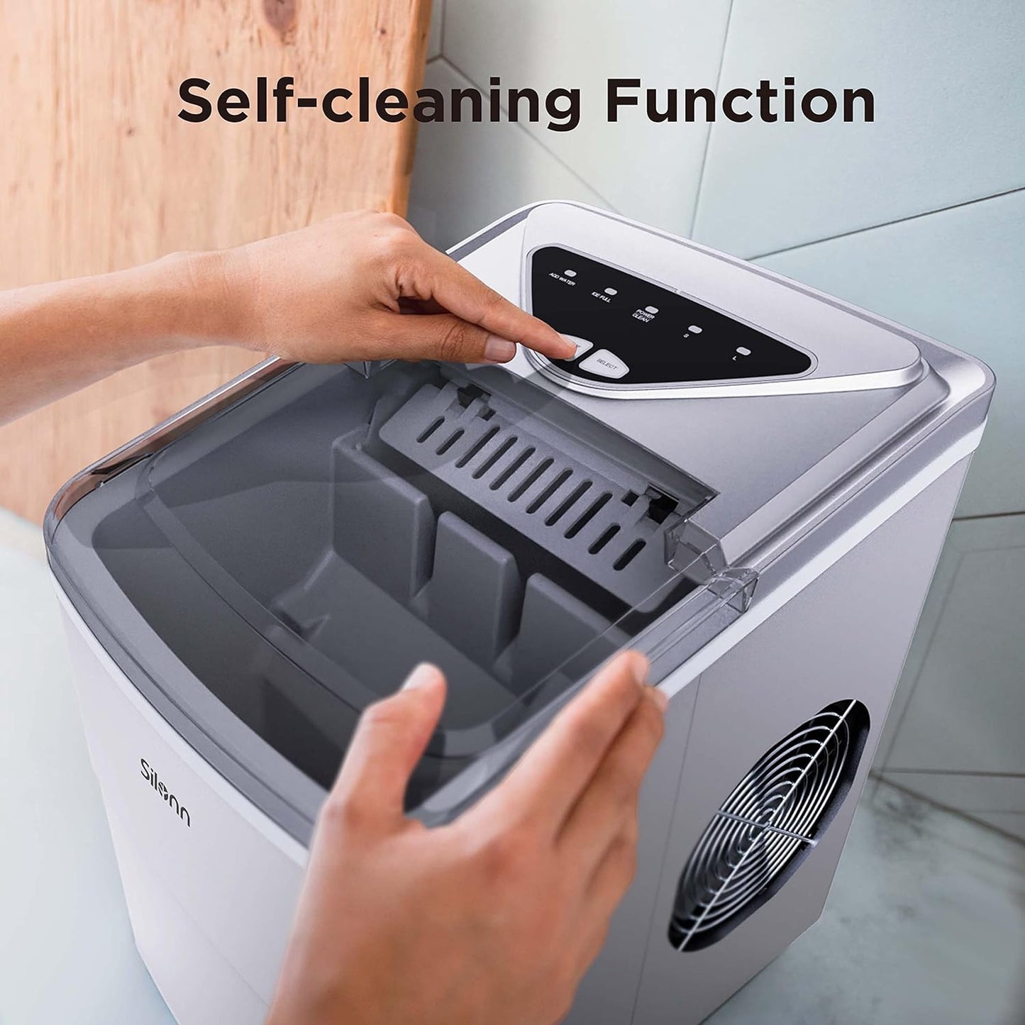 Ice Makers Countertop, 9 Cubes Ready in 6 Mins, 26Lbs in 24Hrs, Self-Cleaning Ice Machine with Ice Scoop and Basket, 2 Sizes of Bullet Ice for Home Kitchen Office Bar Party, Sliver