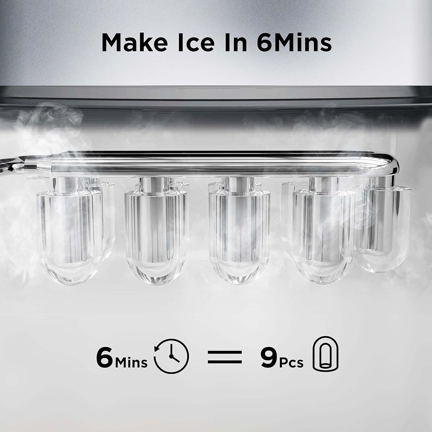 Ice Makers Countertop, 9 Cubes Ready in 6 Mins, 26Lbs in 24Hrs, Self-Cleaning Ice Machine with Ice Scoop and Basket, 2 Sizes of Bullet Ice for Home Kitchen Office Bar Party, Sliver