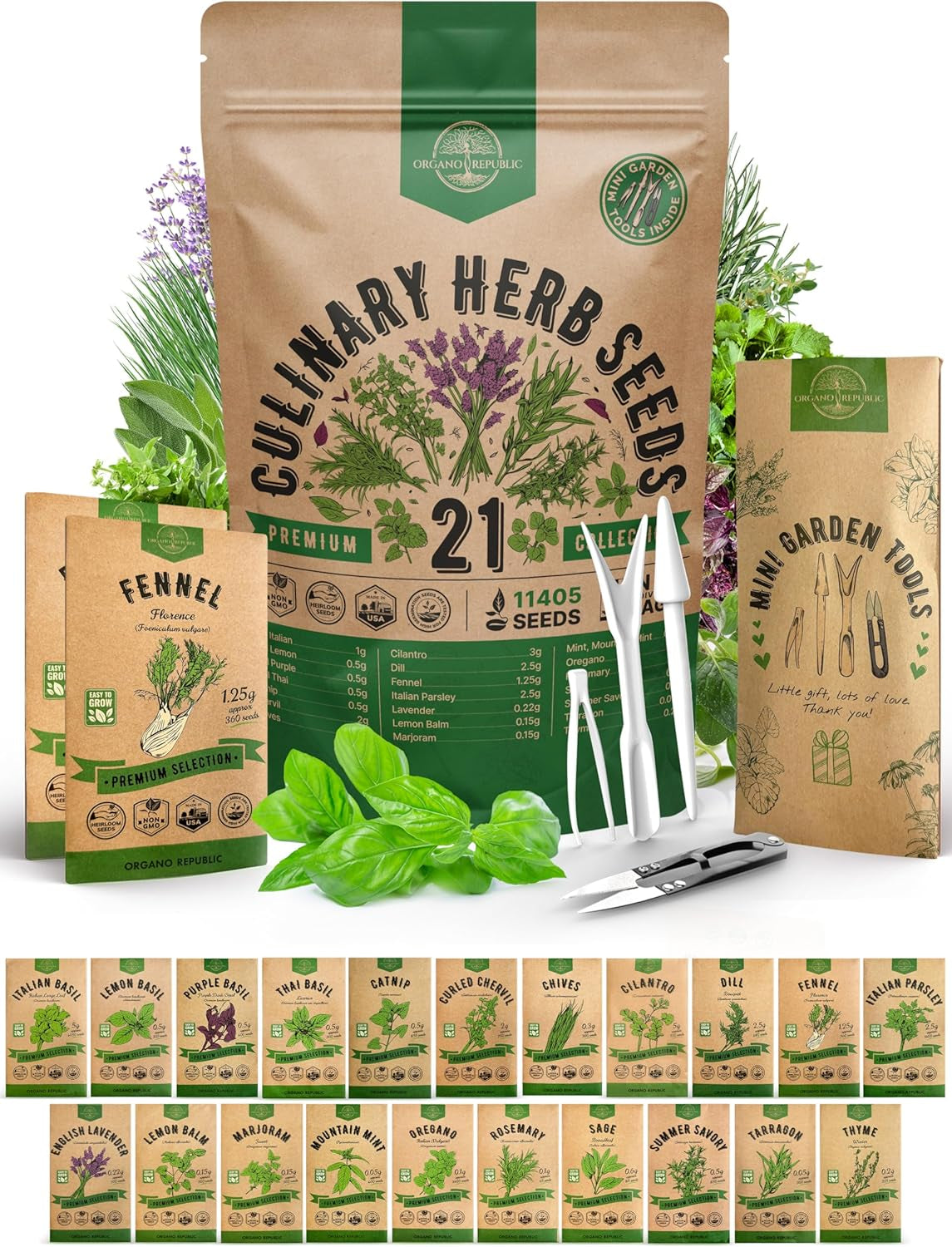 21 Culinary Herb Seeds Variety Pack - Heirloom, Non-Gmo, Herb Seeds for Planting Outdoor and Indoor - Home Gardening. over 11,400+ Seeds Including Rosemary, Thyme, Oregano, Mint, Basil, Parsley & More