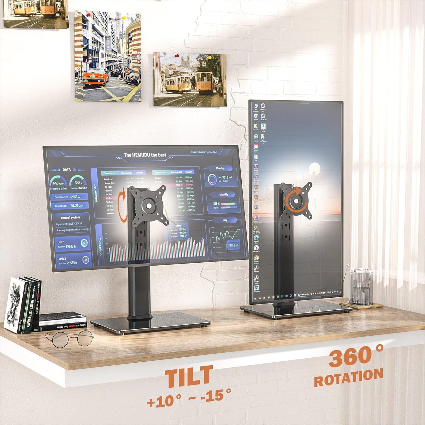 Single LCD Computer Monitor Free-Standing Desk Stand Mount Riser for 13 Inch to 32 Inch Screen with Swivel, Height Adjustable, Rotation, Vesa Base Stand Holds One (1) Screen up to 77Lbs(Ht05B-001))