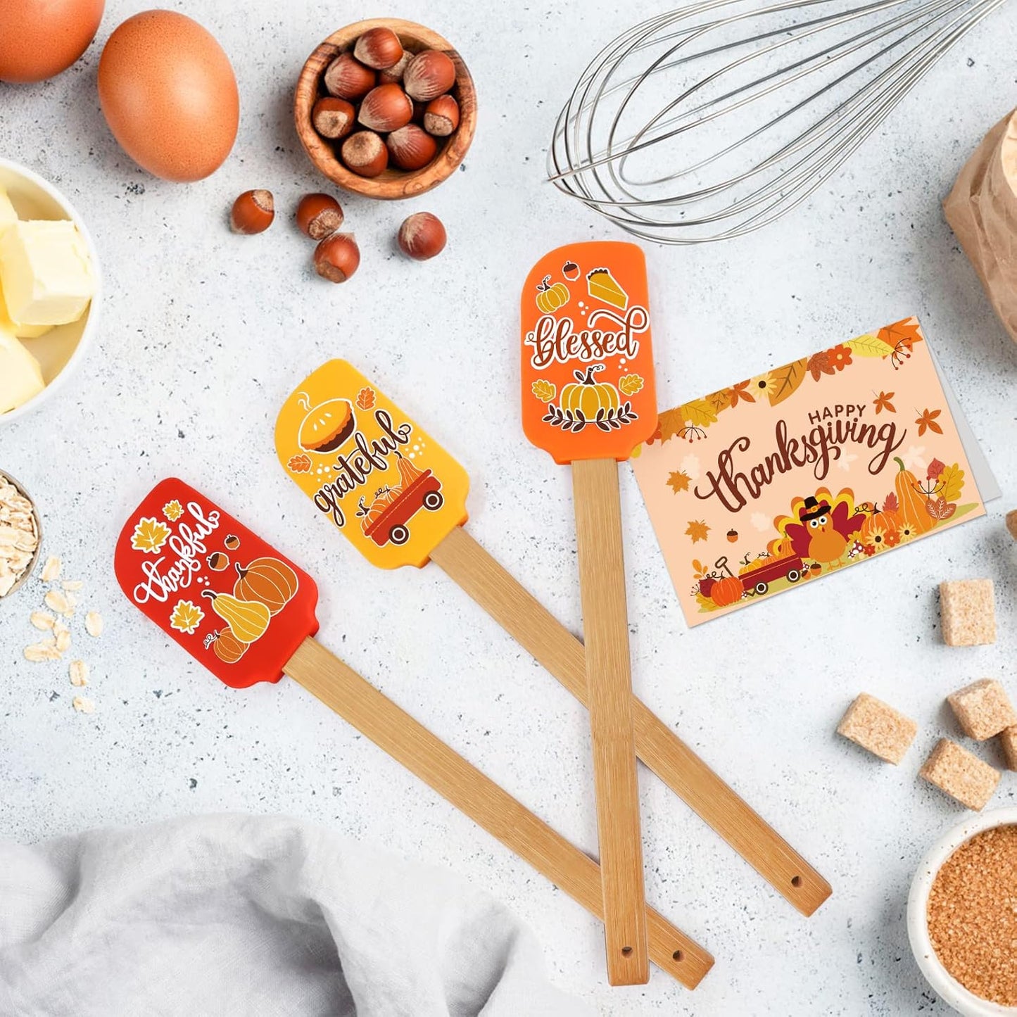 Thanksgiving Silicone Spatula Set of 3 Gift Home Kitchen Utensil Decor Baking Food Grade Cookware Cooker Heat Resistant Present for Mom Mixing Housewarming Birthday Fun Wooden Handle and Ribbon Bows