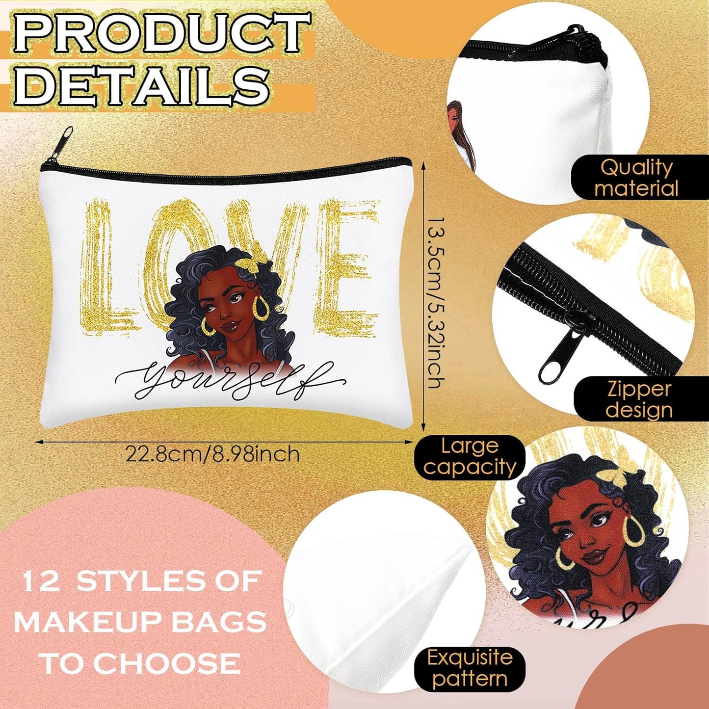 12 Pcs African Girl Makeup Bag Black Girl Makeup Bag Afro Melanin Art Cosmetic Canvas Bags Funny Cute Reusable Toiletry Pouch Organizer Black Owned Business Gift for Women Lady(Stylish Style)