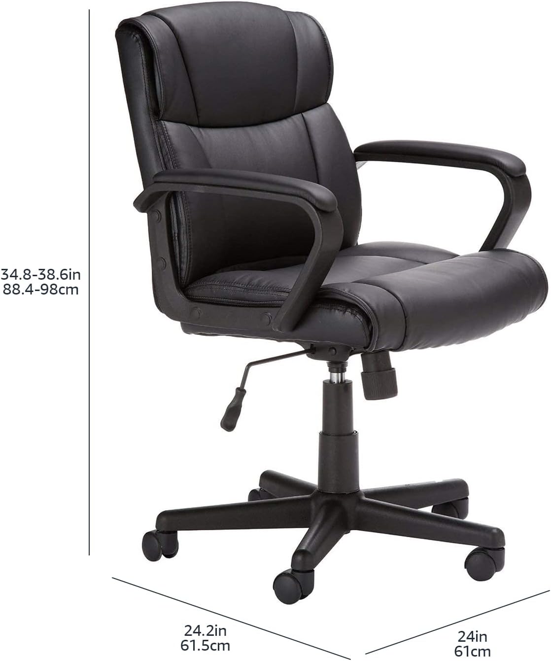 Office Computer Task Desk Chair with Padded Armrests, Mid-Back, Adjustable, 360 Swivel, Rolling, 275 Pound Capacity, BIFMA Certified, 24.2"D X 24"W X 34.8"H, Black Faux Leather