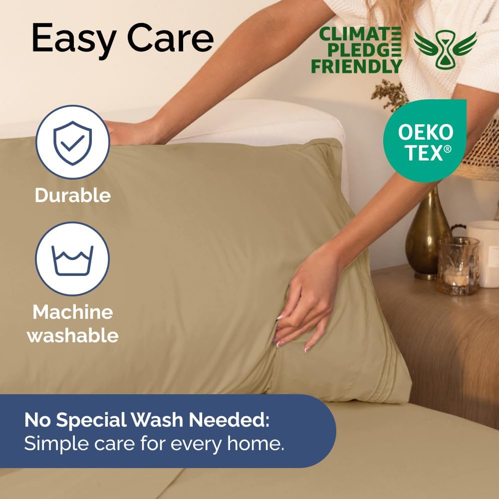 Queen Size 4 Piece Sheet Set - Comfy Breathable & Cooling Sheets - Hotel Luxury Bed Sheets for Women & Men - Deep Pockets, Easy-Fit, Extra Soft & Wrinkle Free Sheets - Beige Oeko-Tex Bed Sheet Set