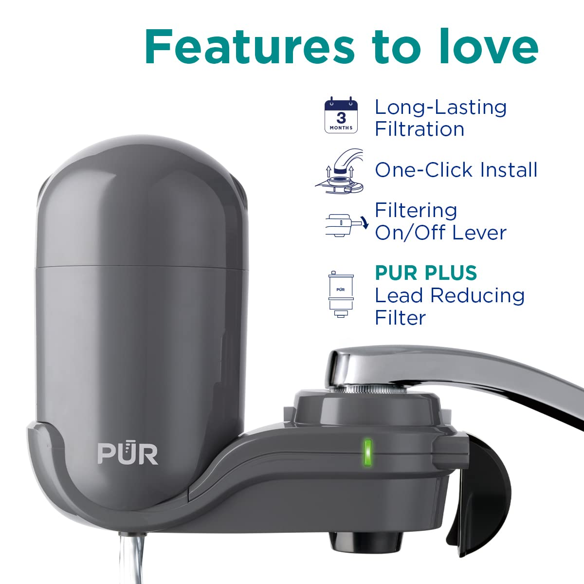 Plus Vertical Faucet-Mounted Water Filtration System with 3-in-1 Lead-Reducing Filter for Enhanced Tap Water Quality, Lasts Up to 100 Gallons, Compatible with Most Kitchen and Bathroom Faucets, Grey