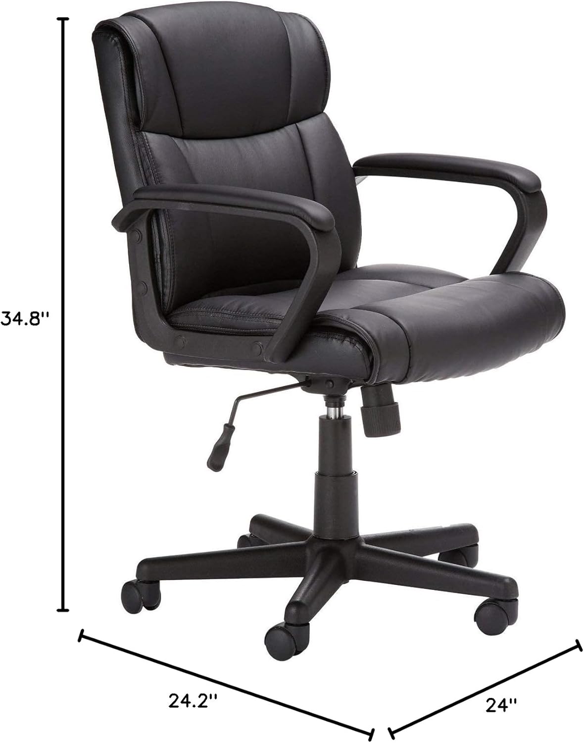 Office Computer Task Desk Chair with Padded Armrests, Mid-Back, Adjustable, 360 Swivel, Rolling, 275 Pound Capacity, BIFMA Certified, 24.2"D X 24"W X 34.8"H, Black Faux Leather