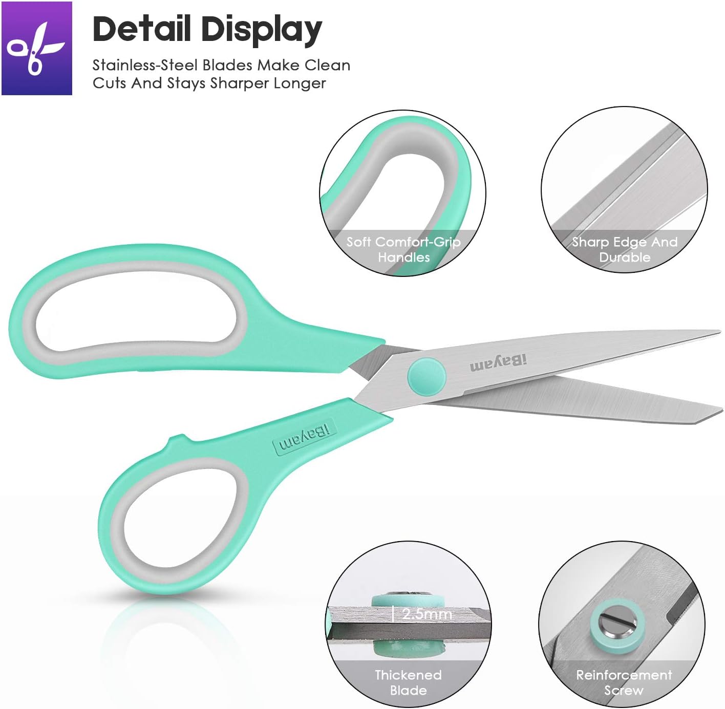 Scissors, 8" All Purpose Scissors Bulk 3-Pack, Ultra Sharp 2.5Mm Thick Blade Shears Comfort-Grip Scissors for Office Desk Accessories Sewing Fabric Home Craft School Supplies, Right/Left Handed