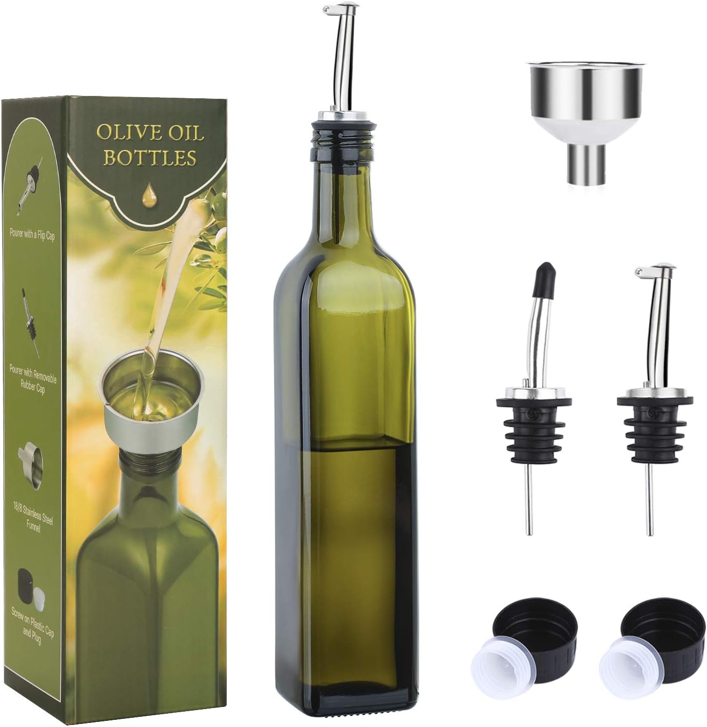 17Oz Glass Olive Oil Bottle Dispenser - 500Ml Green Oil and Vinegar Cruet with Pourers and Funnel - Olive Oil Carafe Decanter for Kitchen