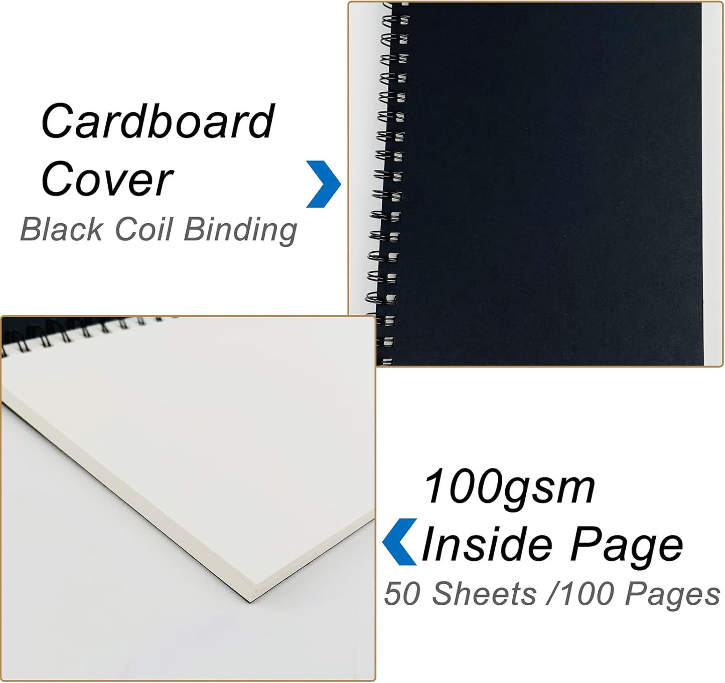 Blank Spiral Notebook, 2-Pack, Soft Cover, Sketch Book, 100 Pages / 50 Sheets, 7.5 Inch X 5.1 Inch, 100GSM, (Black)